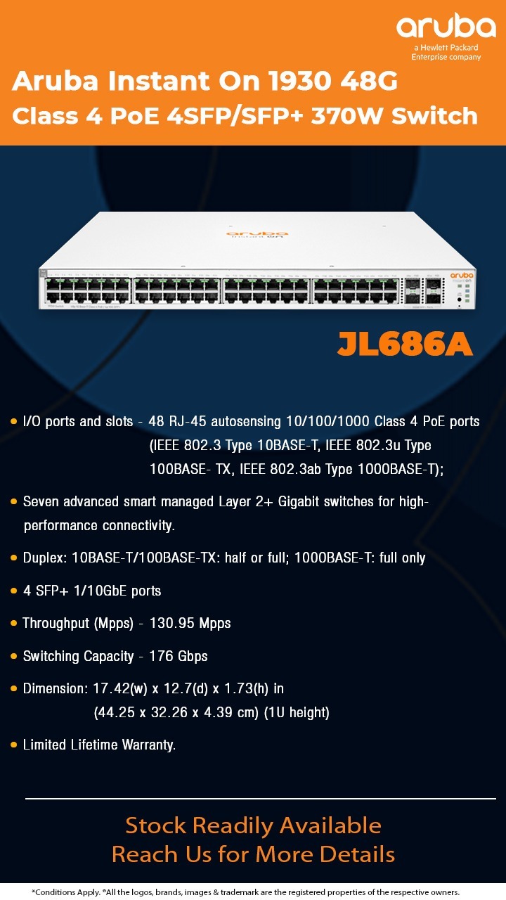 Jl686a Aruba Instant On 1930 48g Class4 Poe 4sfp/sfp+ 370w Switch - Color: White
