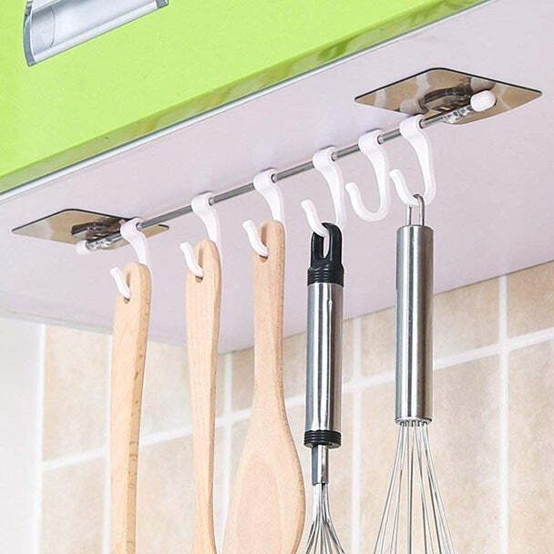 Plastic Magic Sticker Series - Self Adhesive Bathroom Towel Hanger Hook Rail, Multicolor With 6 Hooks For Versatile Space Saving