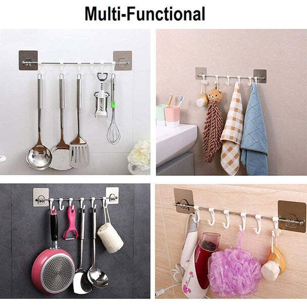Plastic Magic Sticker Series - Self Adhesive Bathroom Towel Hanger Hook Rail, Multicolor With 6 Hooks For Versatile Space Saving