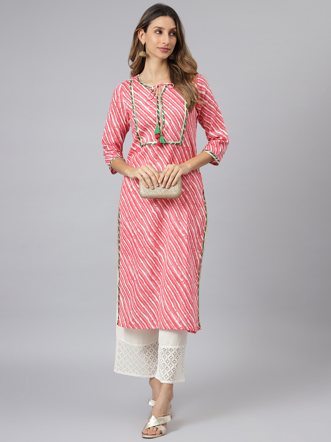 Fancy Kurti - Printed Cotton Lahariya Design, Size S To Xxl | Quick Dry, Washable, Waterproof, Trendy 3-4th Sleeve, Ideal For All Seasons