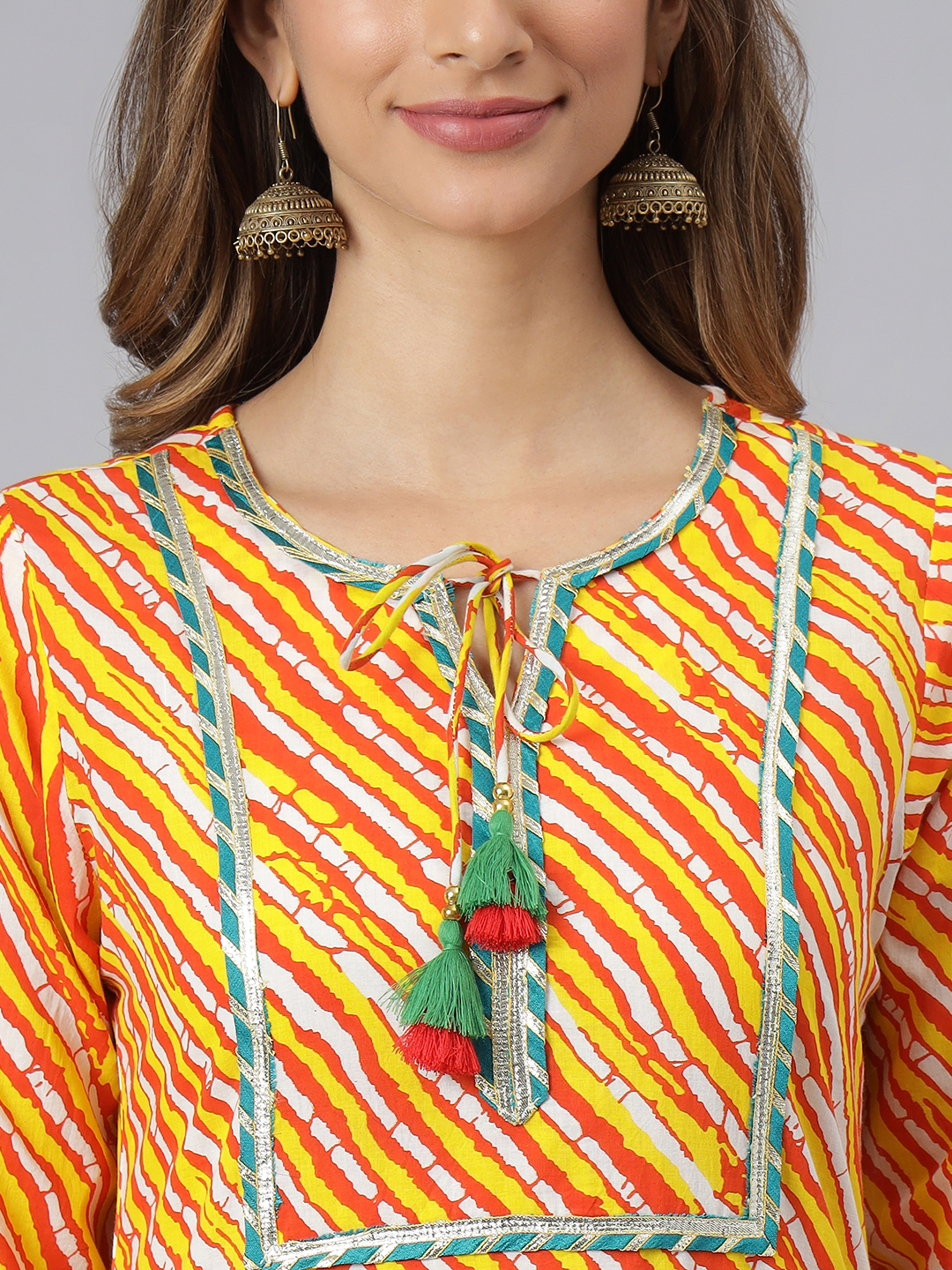 Women Printed Cotton Kurti - Size S To Xxl, Orange Lahariya Design | Trendy 3-4th Sleeve, Quick Dry, Washable, Casual And Ethnic Wear