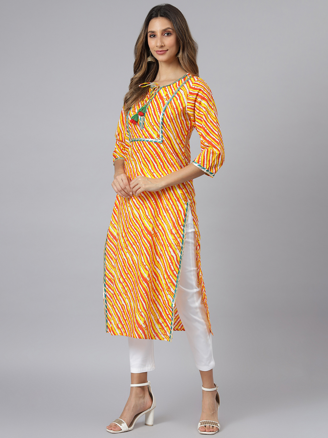 Women Printed Cotton Kurti - Size S To Xxl, Orange Lahariya Design | Trendy 3-4th Sleeve, Quick Dry, Washable, Casual And Ethnic Wear