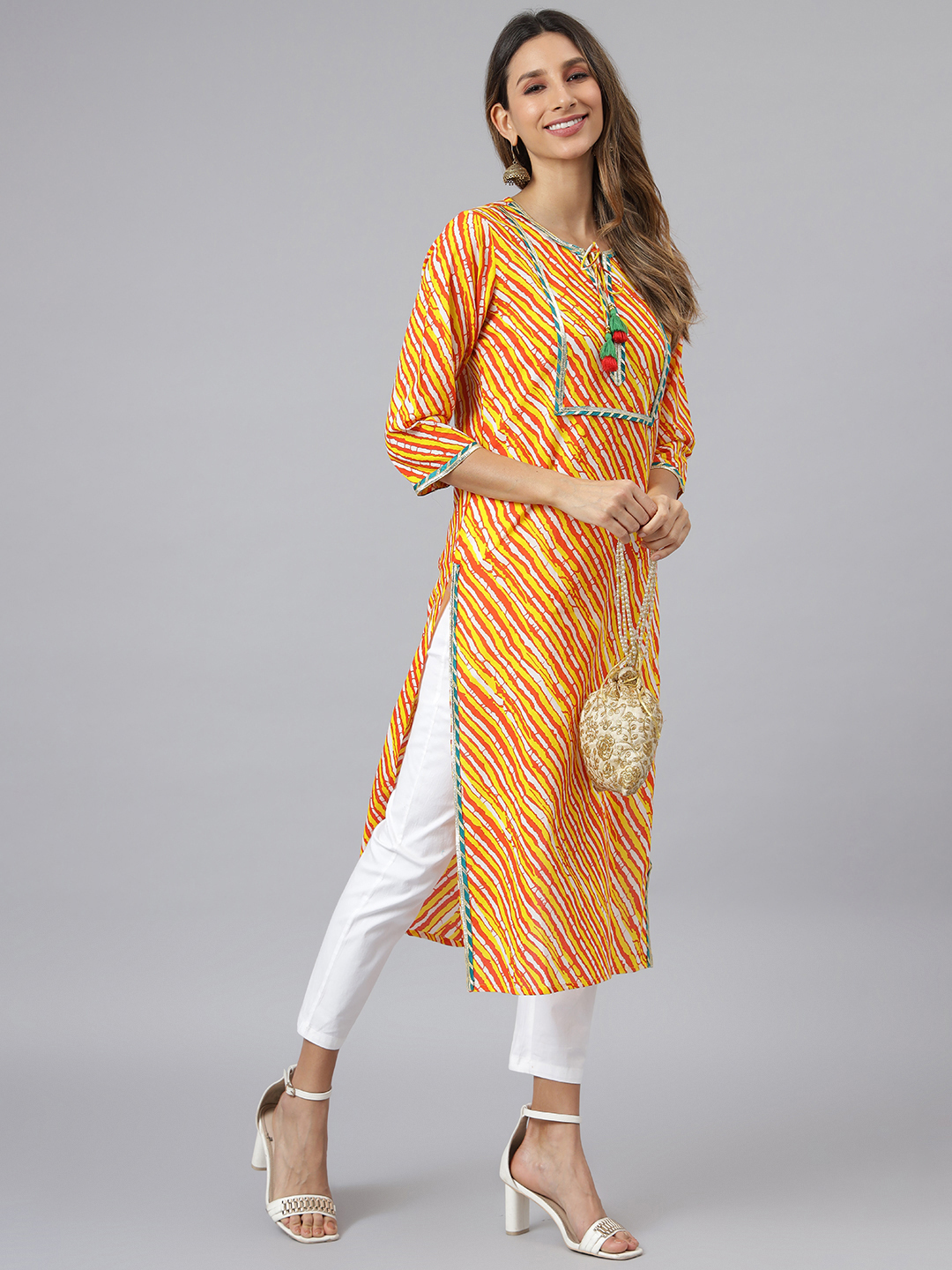 Women Printed Cotton Kurti - Size S To Xxl, Orange Lahariya Design | Trendy 3-4th Sleeve, Quick Dry, Washable, Casual And Ethnic Wear