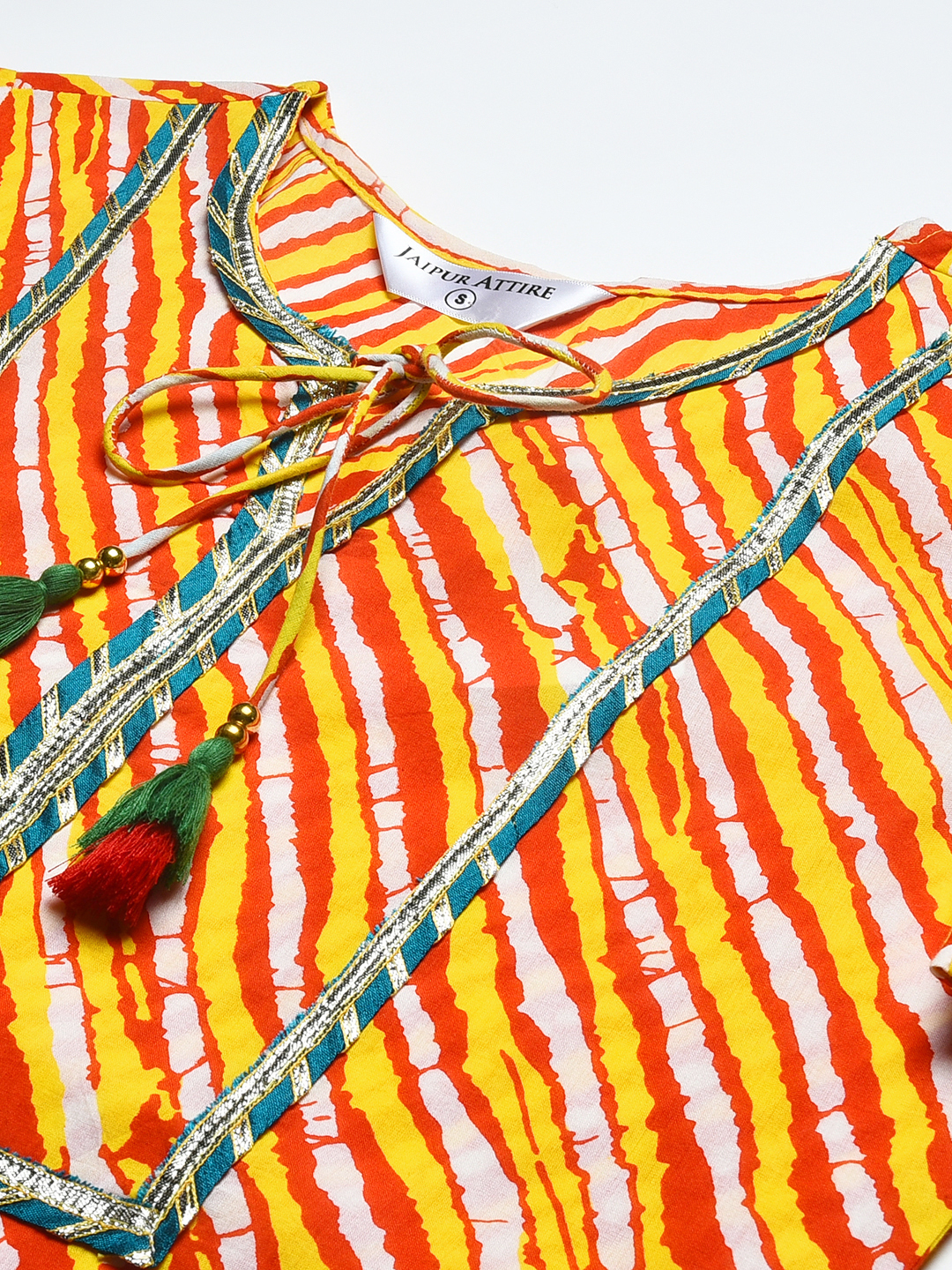 Women Printed Cotton Kurti - Size S To Xxl, Orange Lahariya Design | Trendy 3-4th Sleeve, Quick Dry, Washable, Casual And Ethnic Wear