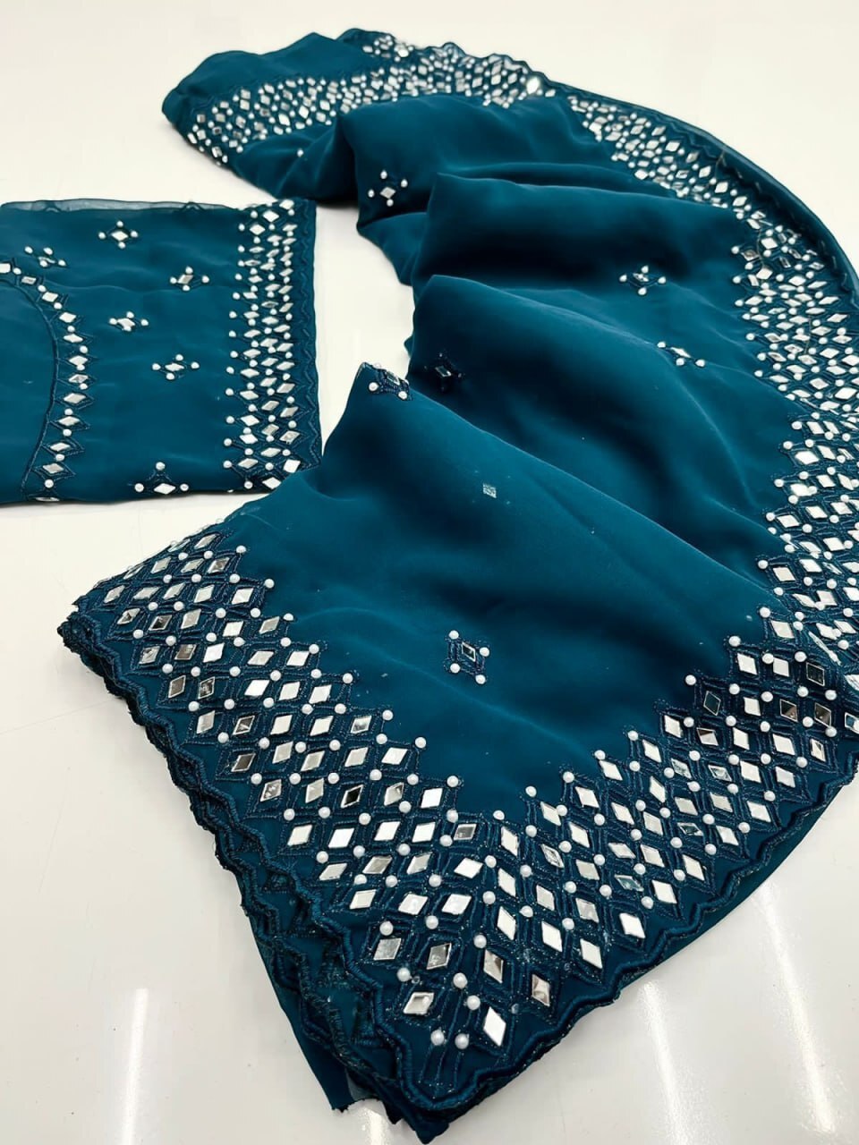 Mirror Work Saree - Georgette Fabric, 5 Vibrant Colors, Embroidered Design | Perfect For Bridal Occasions