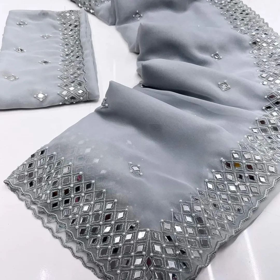 Mirror Work Saree - Georgette Fabric, 5 Vibrant Colors, Embroidered Design | Perfect For Bridal Occasions