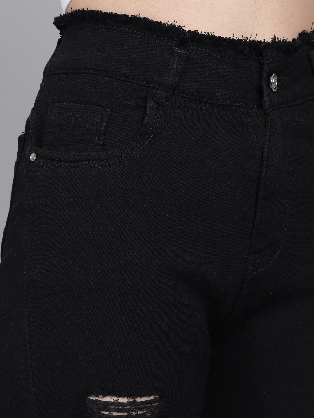 M Moddy 538black Stretchable Ankle Length Slim Fit Frey Hem Damaged Black Jeans For Women
