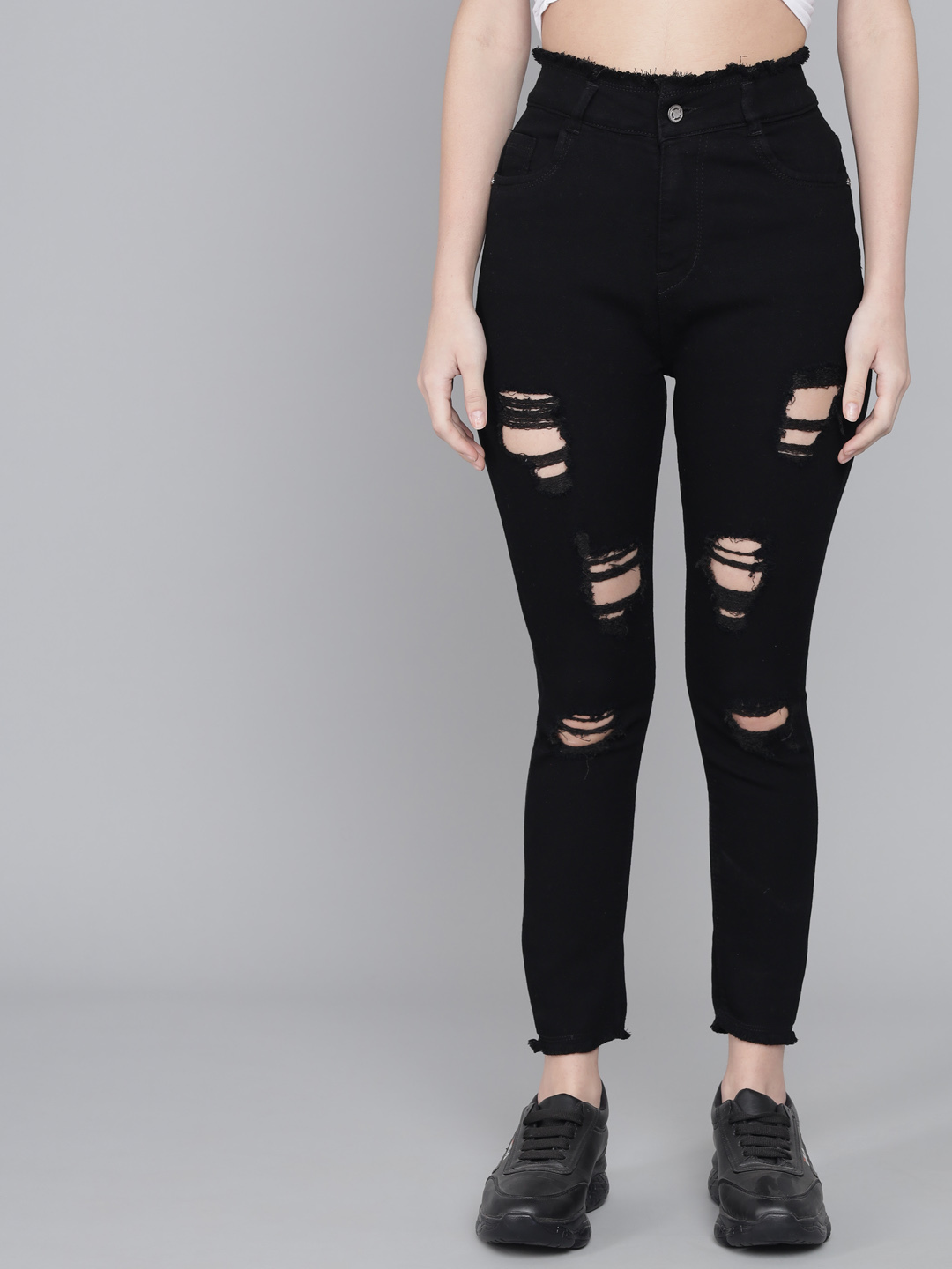 M Moddy 538black Stretchable Ankle Length Slim Fit Frey Hem Damaged Black Jeans For Women