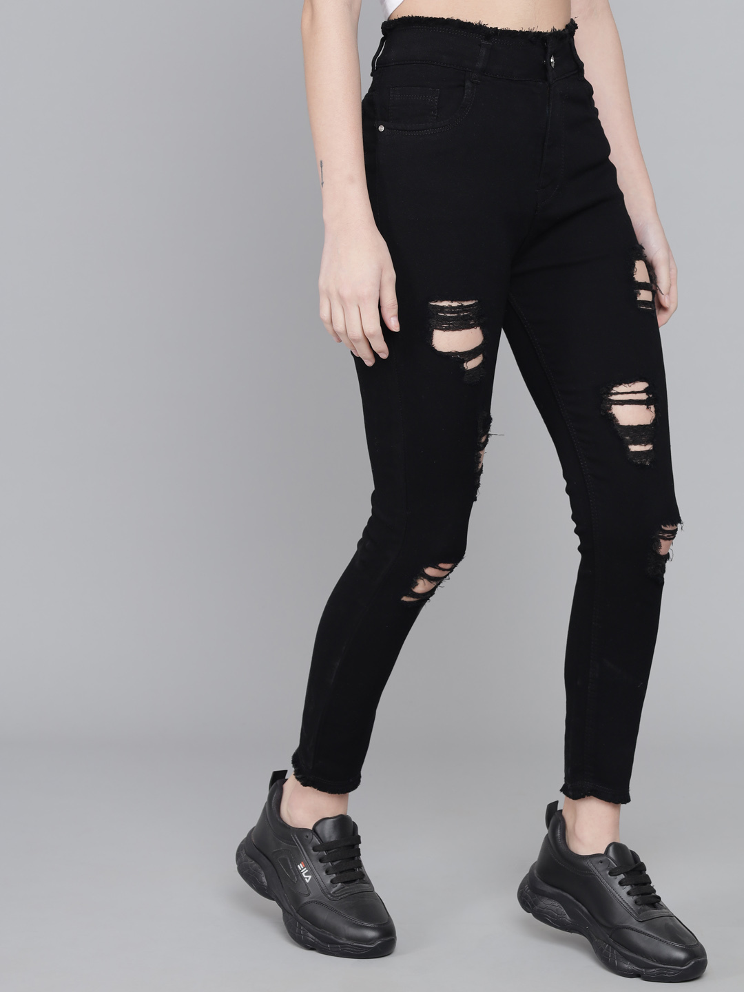 M Moddy 538black Stretchable Ankle Length Slim Fit Frey Hem Damaged Black Jeans For Women
