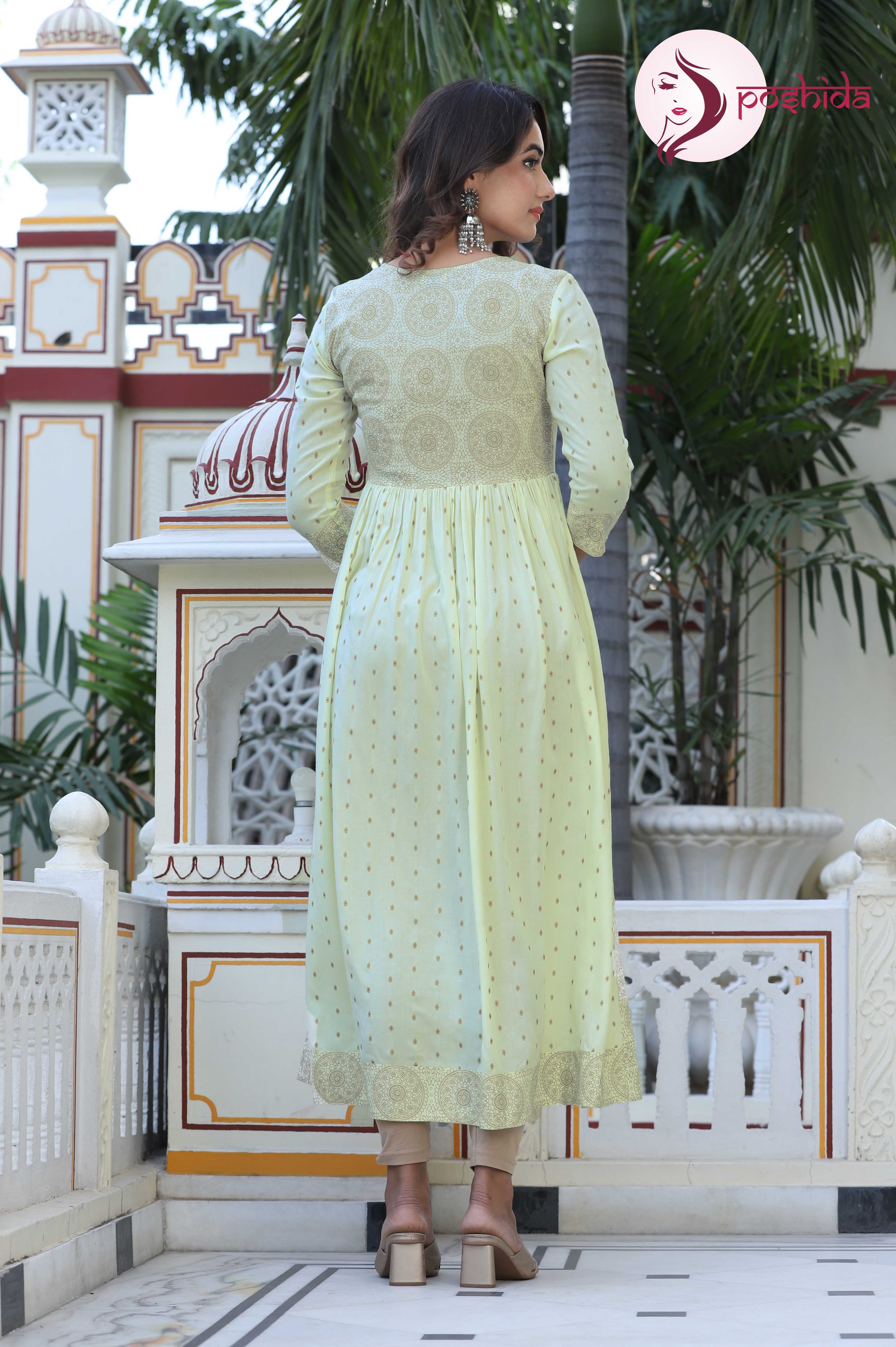 Lemon Aliya Kurti - Rayon, 3-4th Sleeve, Lemon Color | Washable, Printed Pattern, Suitable For All Seasons And Age Groups