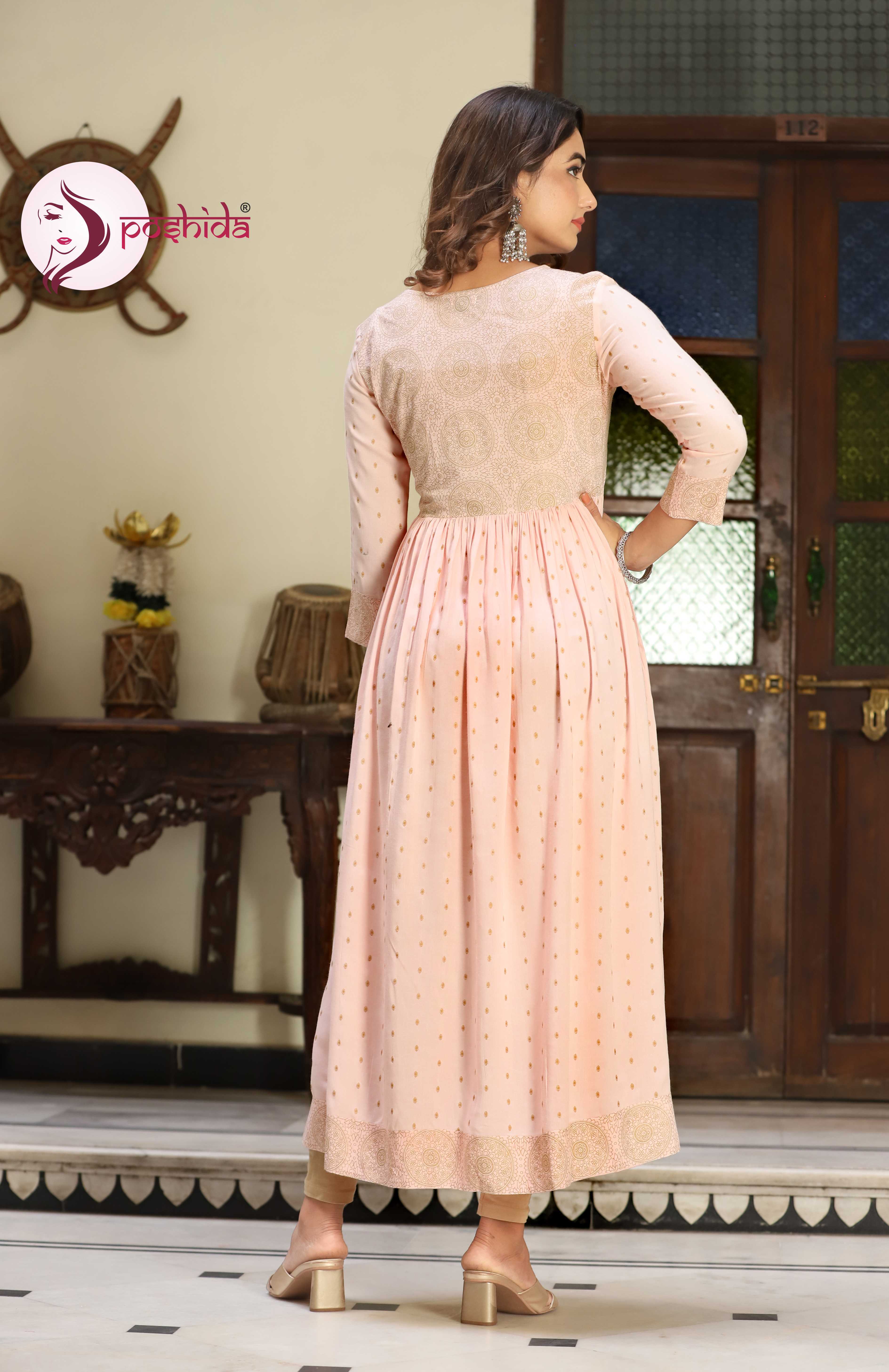 Peach Aliya Kurti - Rayon Fabric, Length 44 Inch, Sizes S-xxl | 3-4th Sleeves, Elegant Print, Washable, Suitable For All Occasions