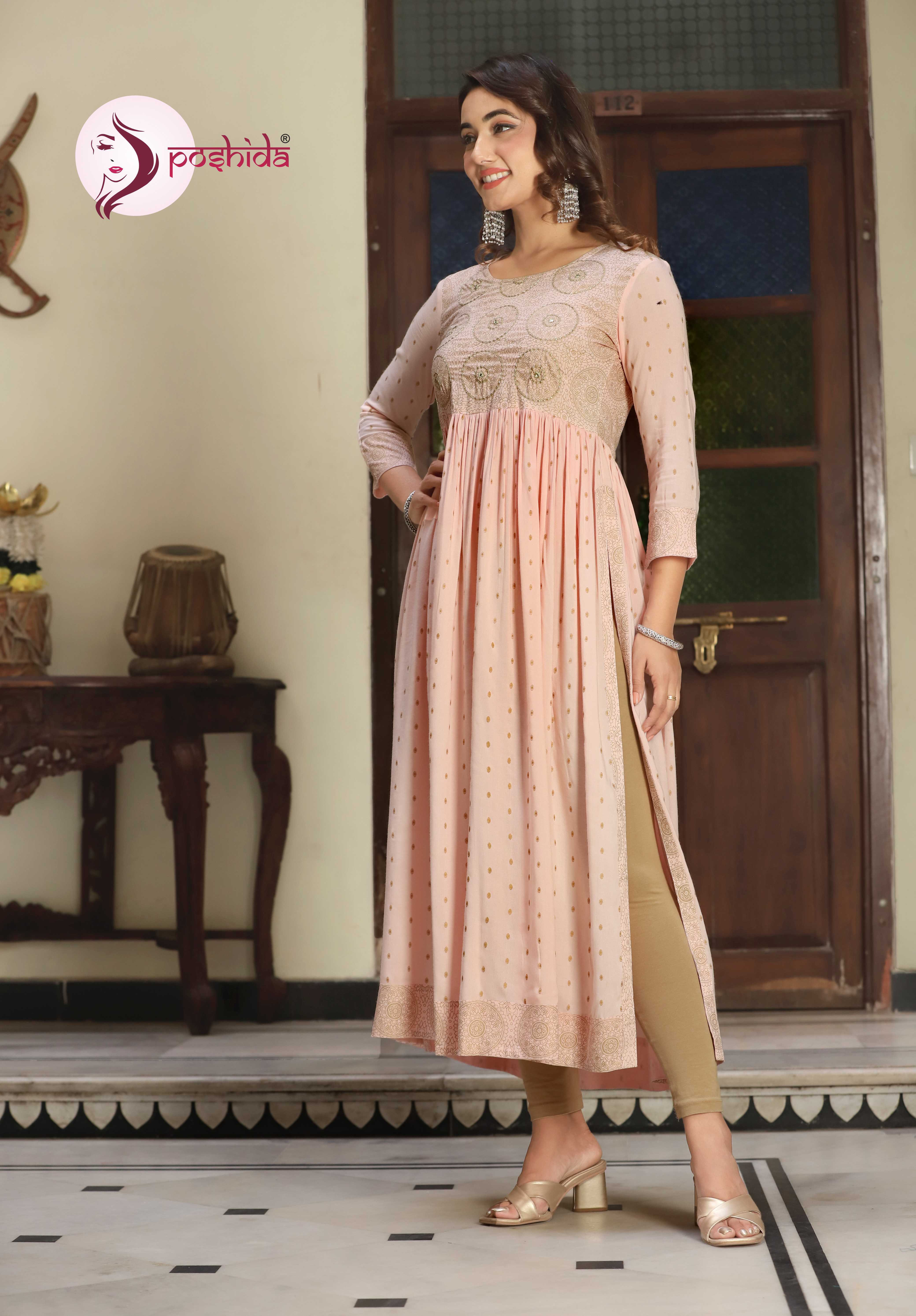 Peach Aliya Kurti - Rayon Fabric, Length 44 Inch, Sizes S-xxl | 3-4th Sleeves, Elegant Print, Washable, Suitable For All Occasions