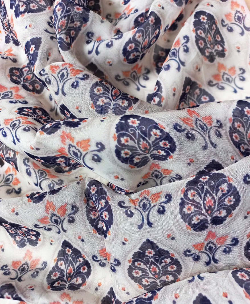 Madhav Fashion Digital Printed Fabric For Dress - Viscose Organza, 44 Inch Width | Ivory Maroon Indigo, Lightweight, Printed Patterns, Universal Use