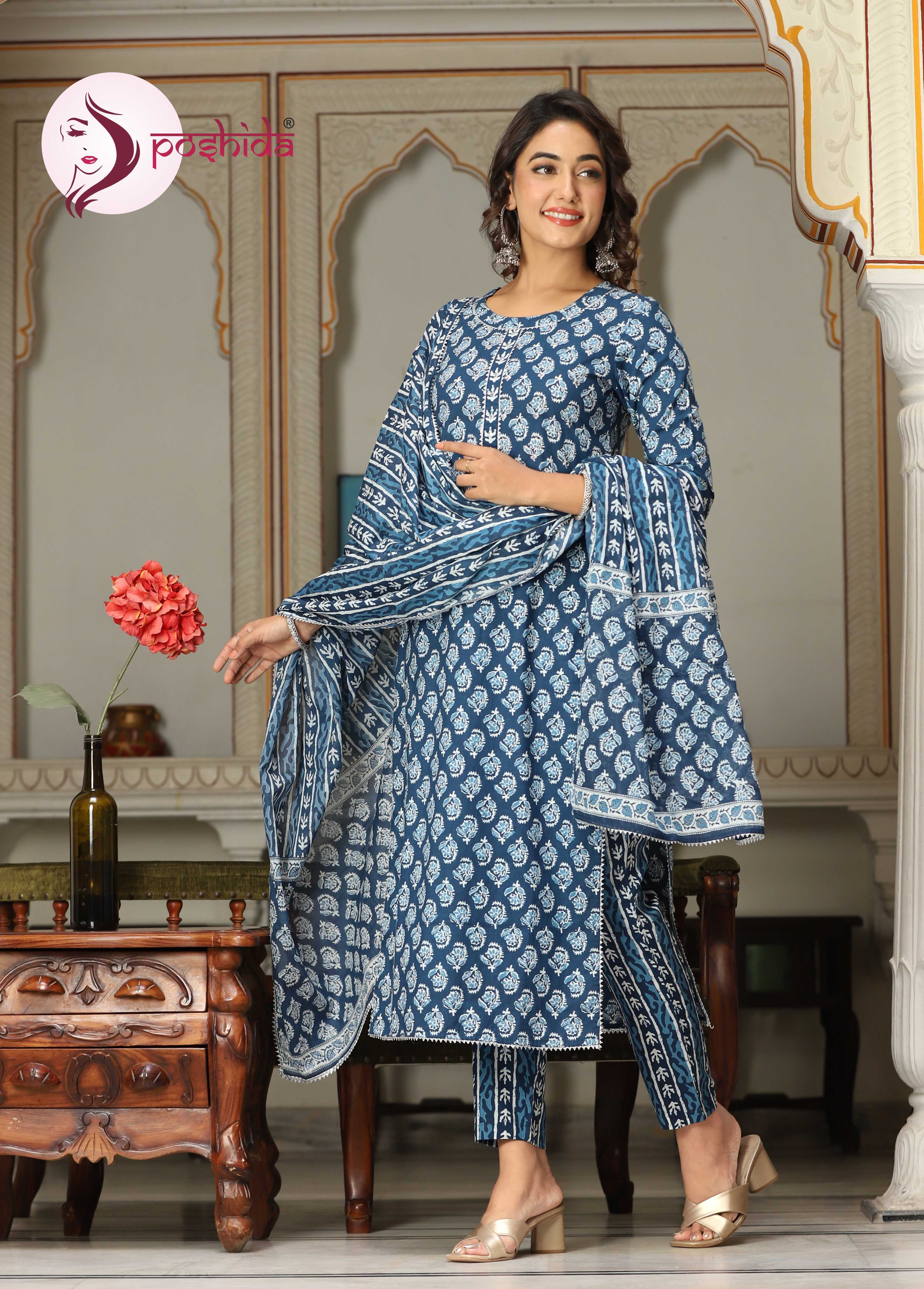 Blue Indigo Batik Print Three Piece Set