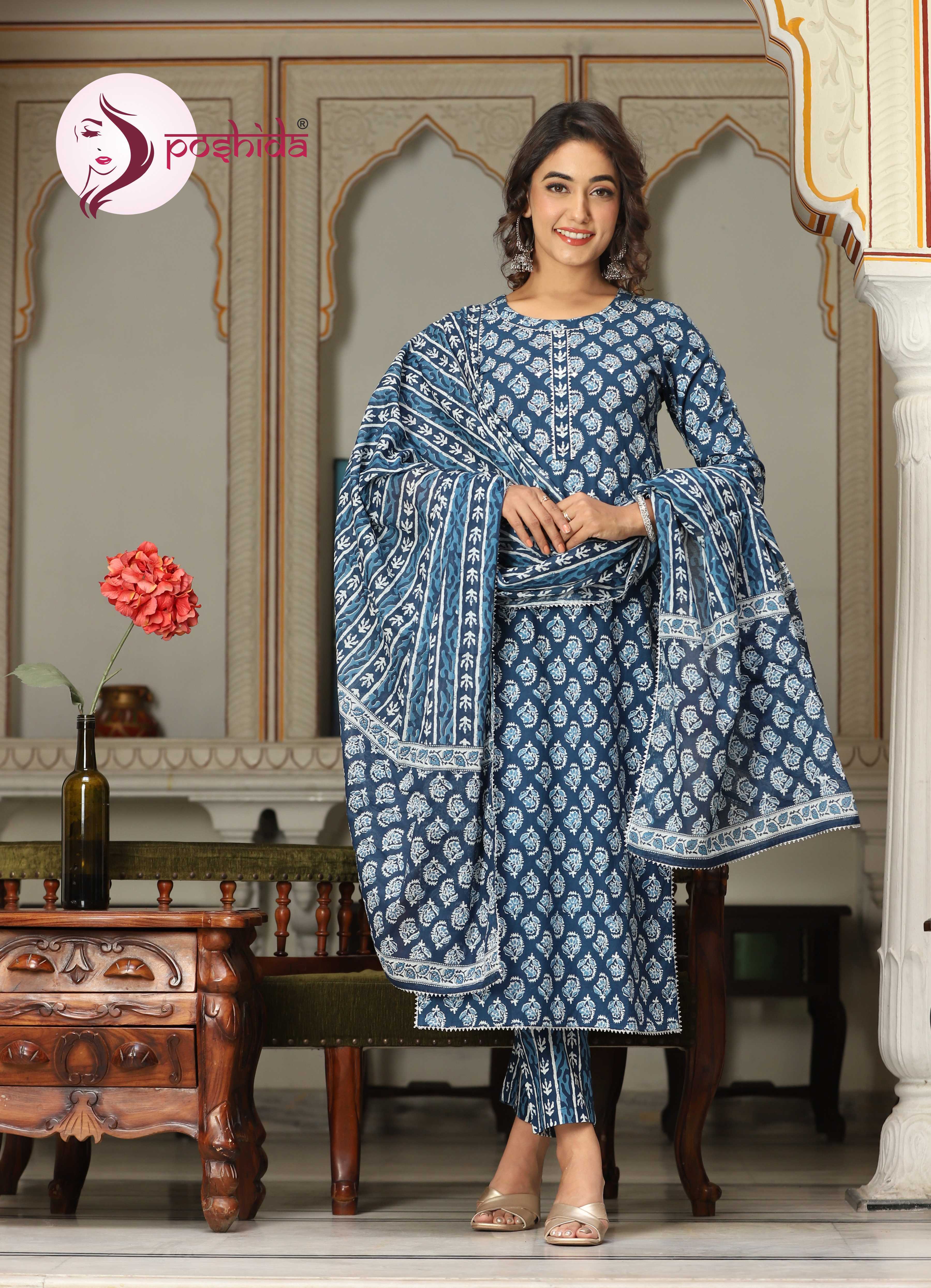 Blue Indigo Batik Print Three Piece Set