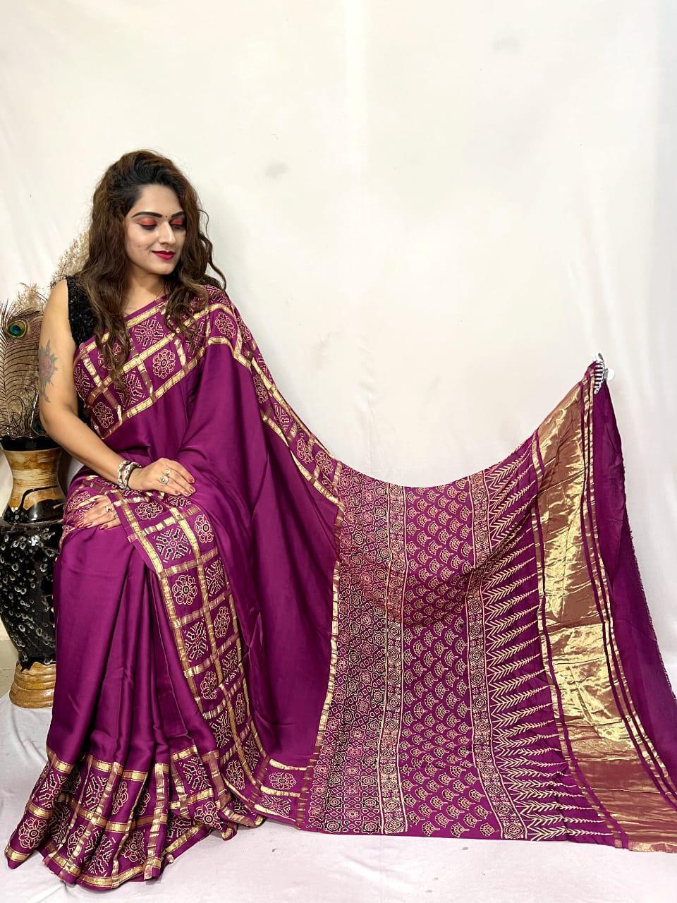 Hand Block Printed Saree - Silk Material, 5 Elegant Colors | Traditional Zari Work Artistry