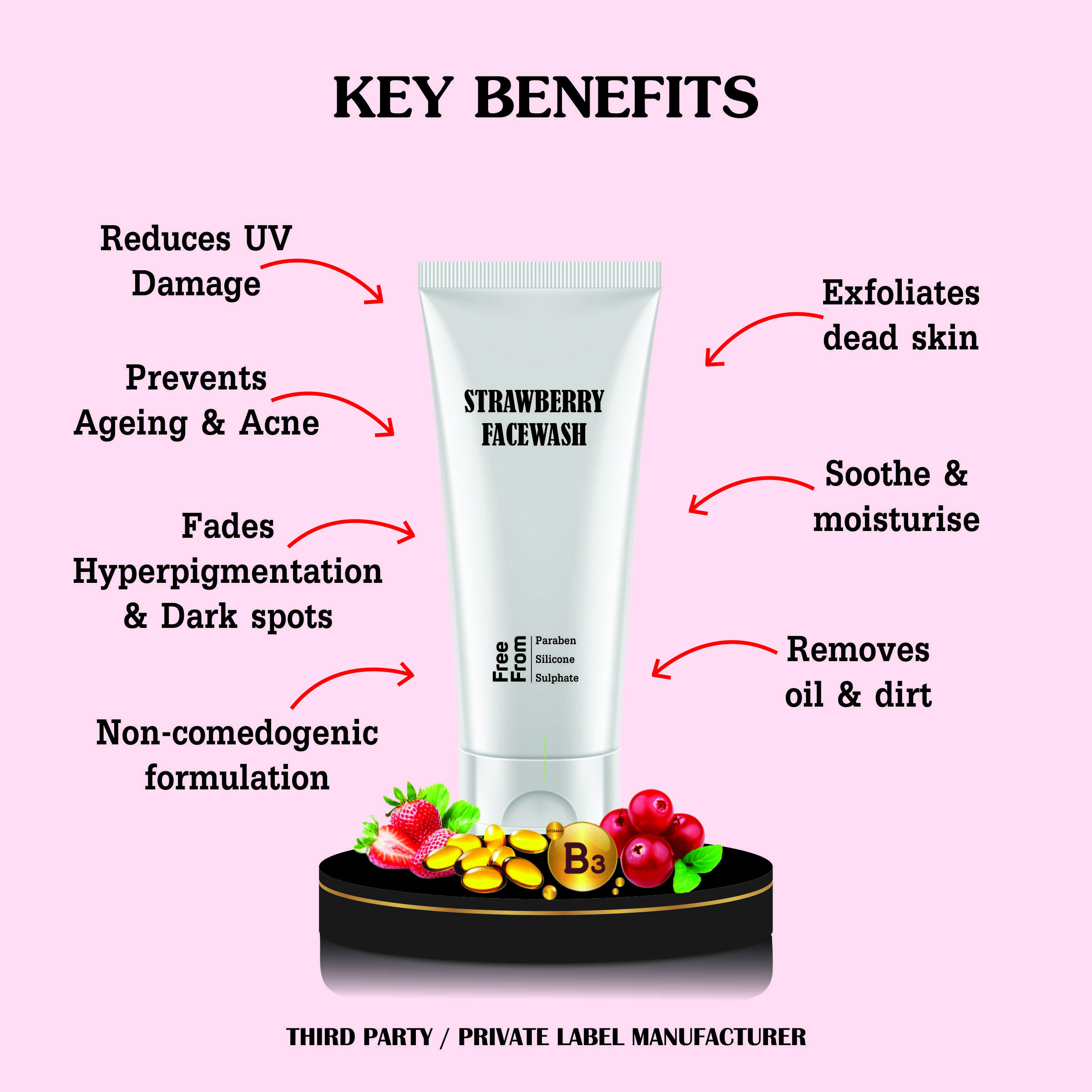 Strawberry Face Wash - Gel Form, Suitable For All Skin Types | Fades Dark Spots, Improves Skin Health, Enhances Brightness, Anti-ageing Benefits