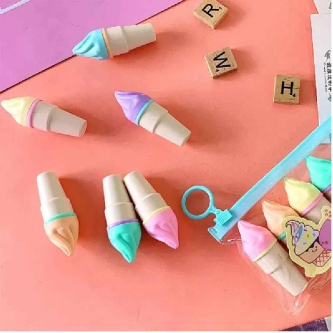 Softy Highlighter - Plastic, Standard Size, Ice Cream Shape | Cute 6-pack With Non-toxic Ink, Double Tips, Bold Pastel & Neon Colors, Resealable Pouch