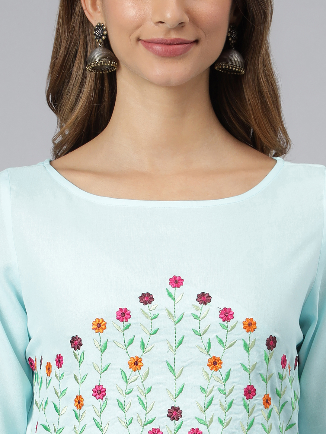 Women Embroidered Viscose Rayon Straight Kurta - Size S To Xxl, Blue Color | Quick Dry, Washable, Water Proof, 3-4th Sleeve, Trendy Design