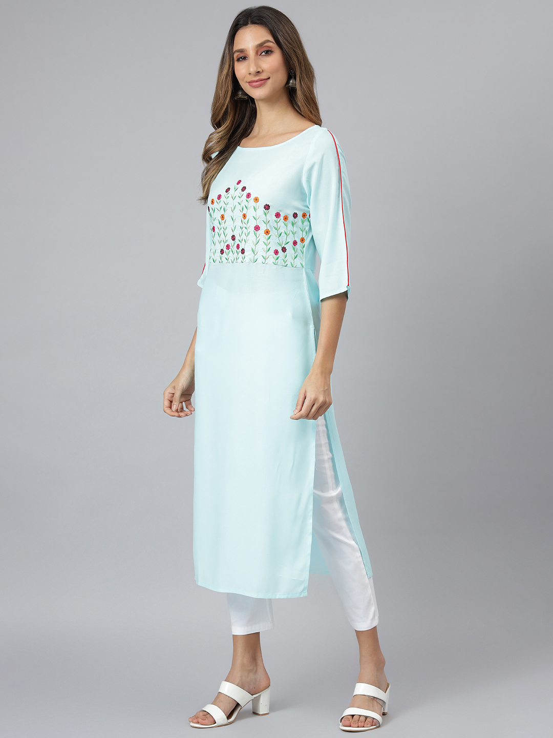 Women Embroidered Viscose Rayon Straight Kurta - Size S To Xxl, Blue Color | Quick Dry, Washable, Water Proof, 3-4th Sleeve, Trendy Design