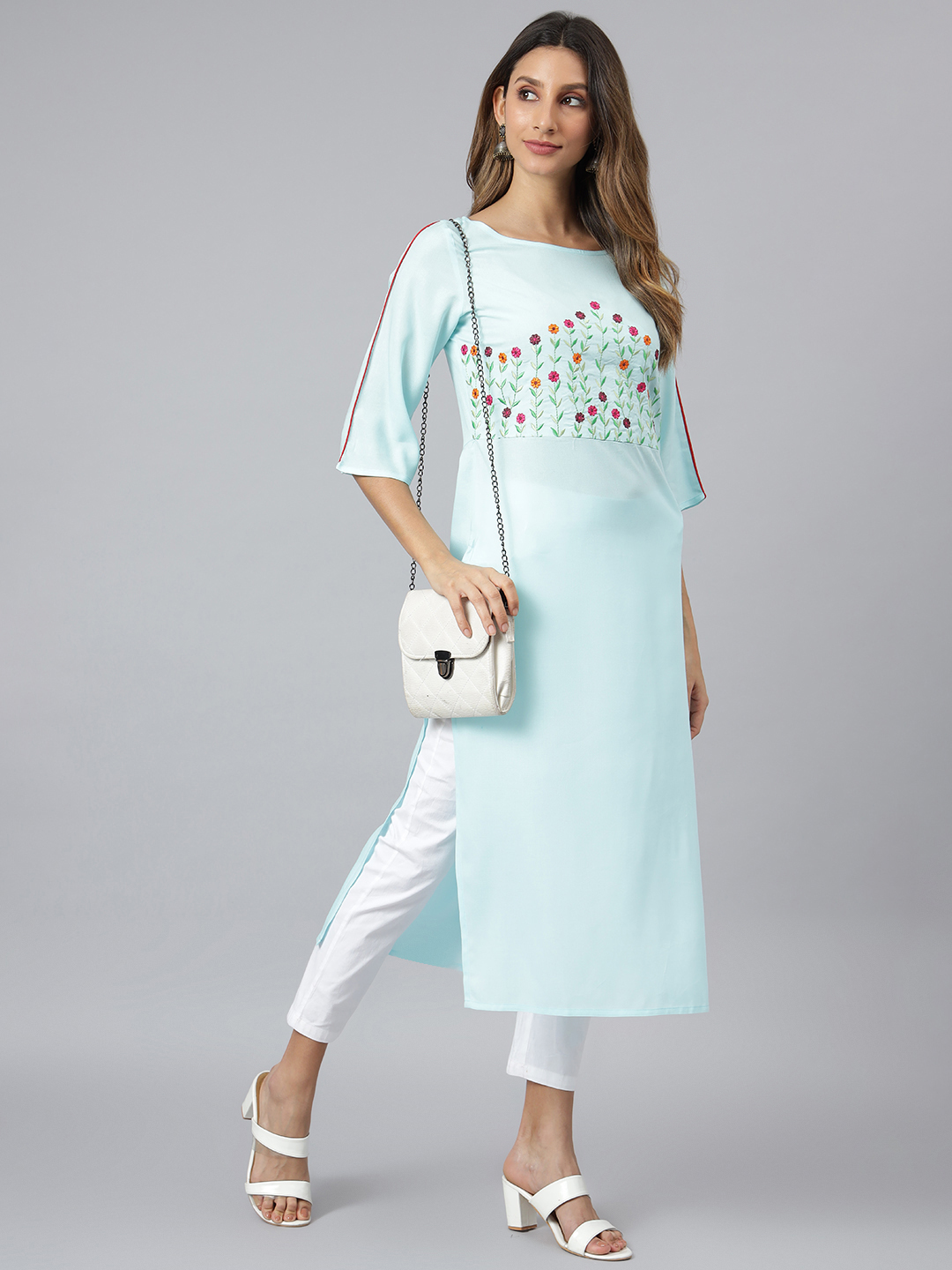 Women Embroidered Viscose Rayon Straight Kurta - Size S To Xxl, Blue Color | Quick Dry, Washable, Water Proof, 3-4th Sleeve, Trendy Design