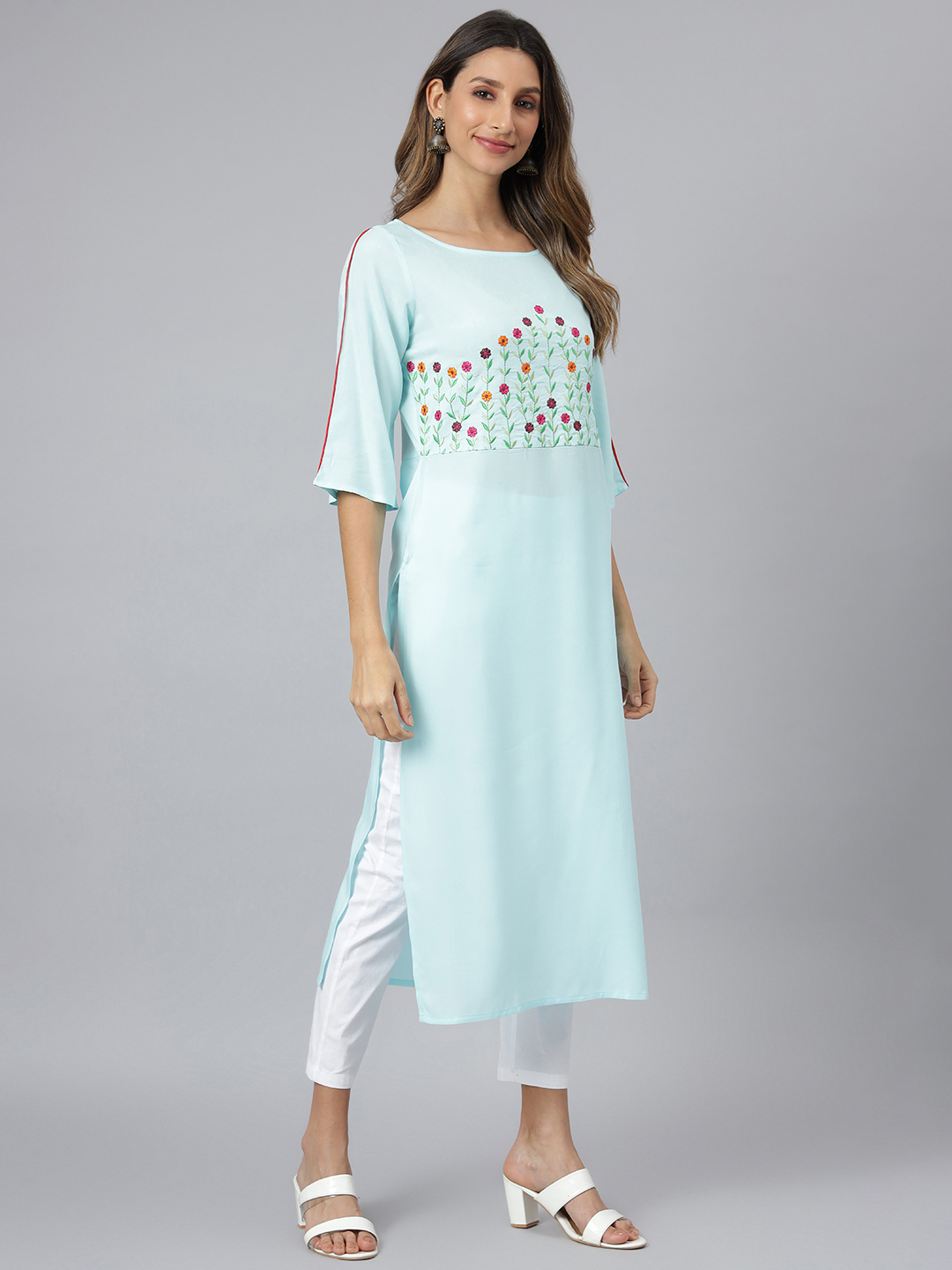Women Embroidered Viscose Rayon Straight Kurta - Size S To Xxl, Blue Color | Quick Dry, Washable, Water Proof, 3-4th Sleeve, Trendy Design