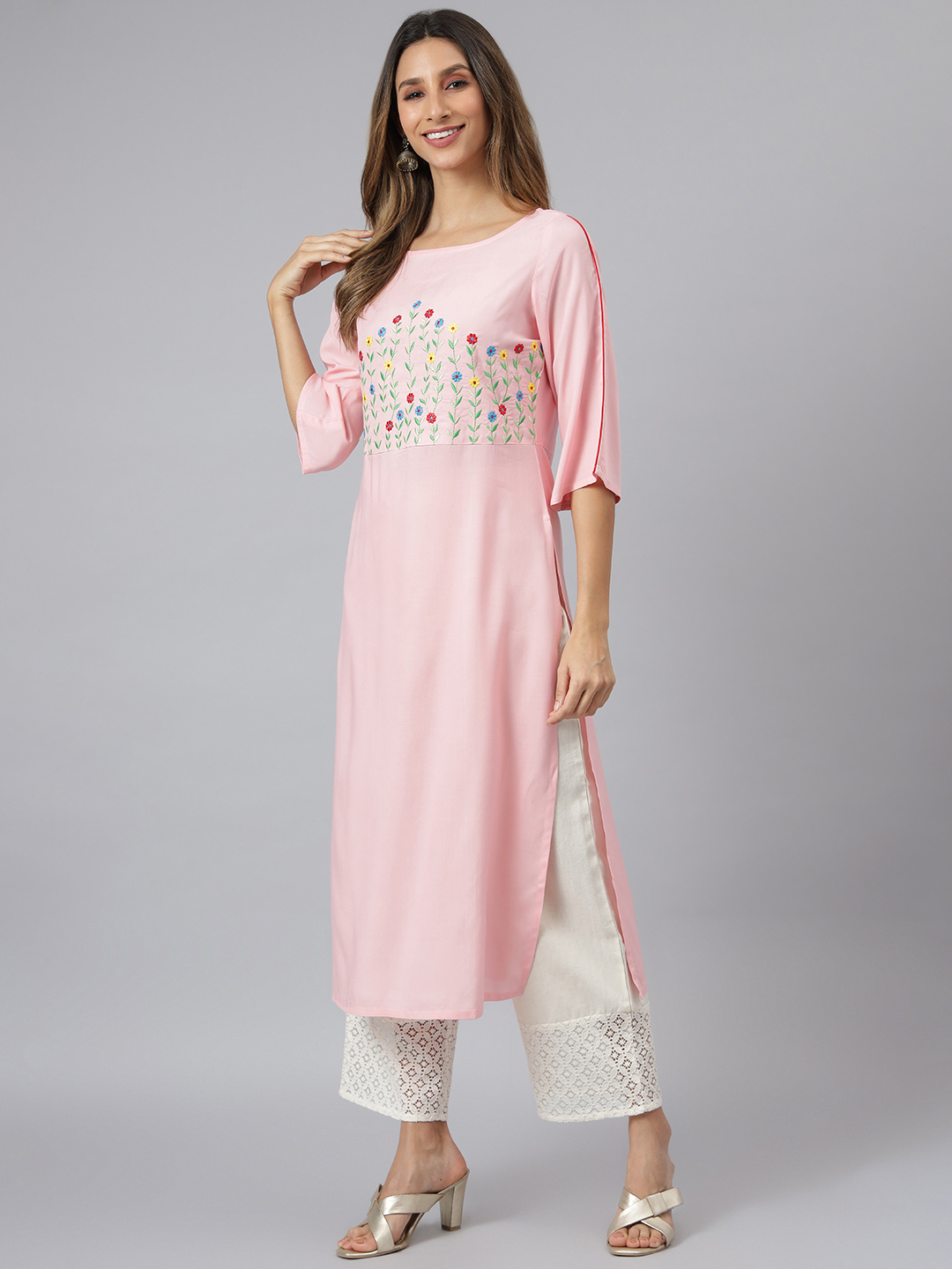 Ladies Rayon Kurti - Viscose Rayon, Size S To Xxl, Pink Color, 3/4 Sleeve, Trendy, Handwork Embroidery | Quick Dry, Washable, Waterproof