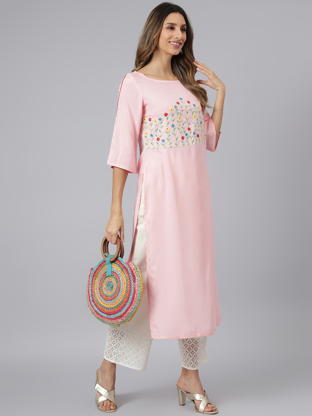 Ladies Rayon Kurti - Viscose Rayon, Size S To Xxl, Pink Color, 3/4 Sleeve, Trendy, Handwork Embroidery | Quick Dry, Washable, Waterproof