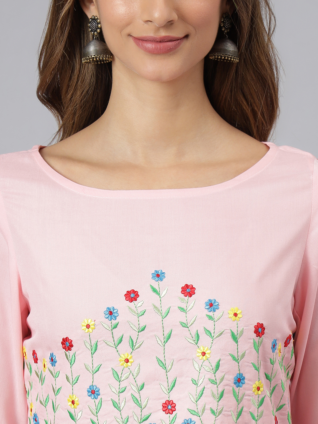 Ladies Rayon Kurti - Viscose Rayon, Size S To Xxl, Pink Color, 3/4 Sleeve, Trendy, Handwork Embroidery | Quick Dry, Washable, Waterproof