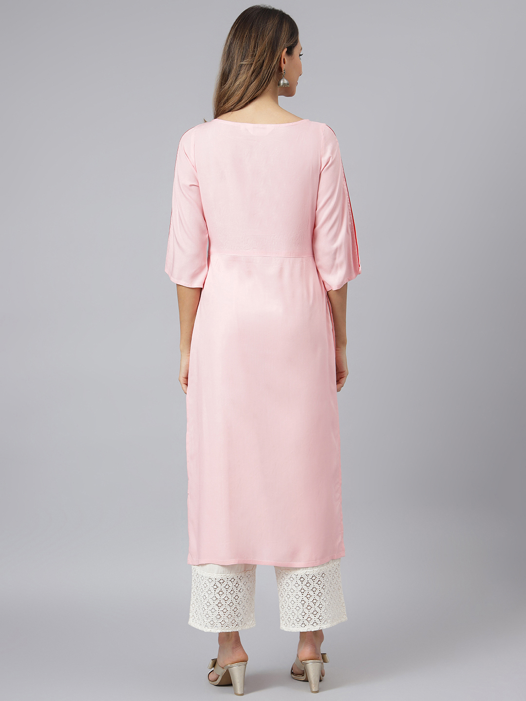 Ladies Rayon Kurti - Viscose Rayon, Size S To Xxl, Pink Color, 3/4 Sleeve, Trendy, Handwork Embroidery | Quick Dry, Washable, Waterproof