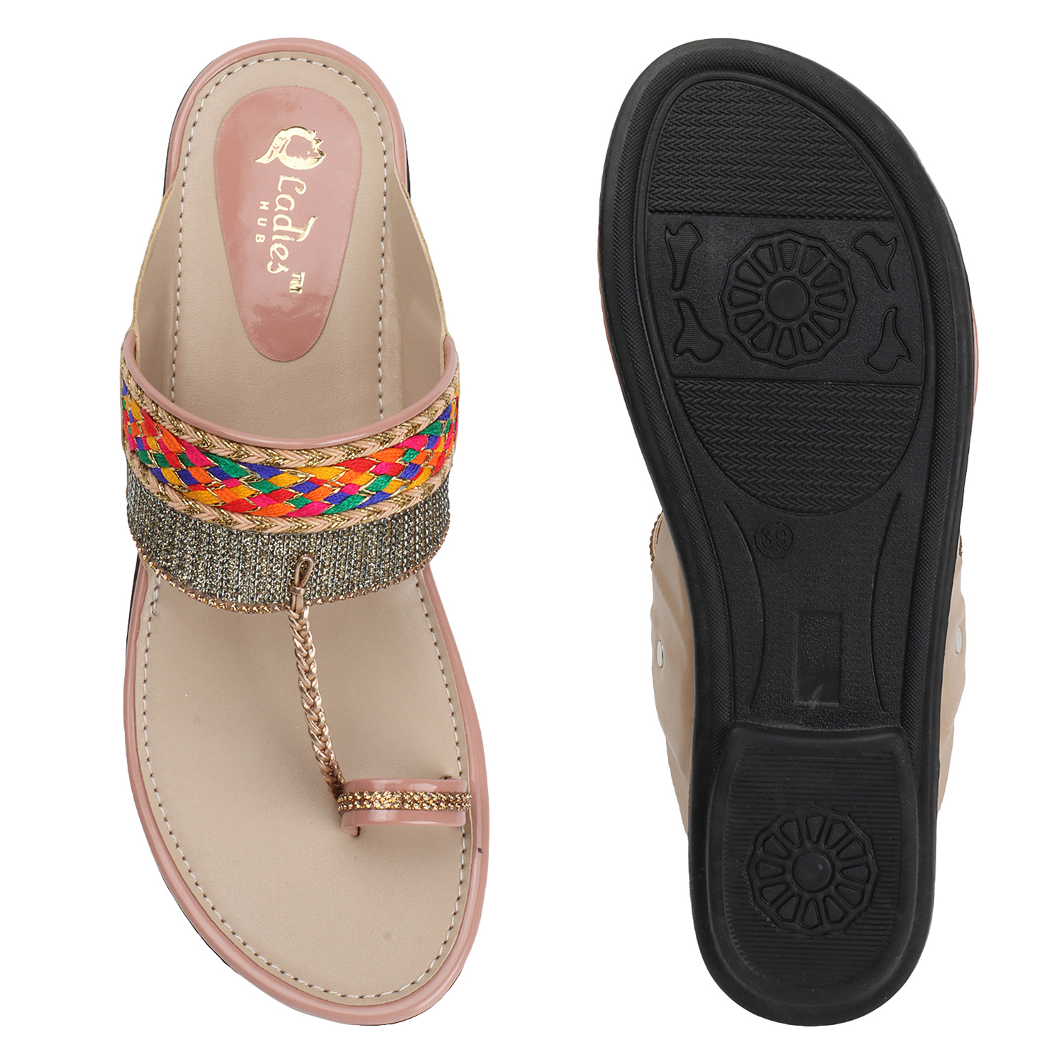 Kolhapuri Flat Chappal - Quality Material, Size 37-42, Beige | Stylish Slip-on Slippers With Embroidery Upper Design For Women And Girls