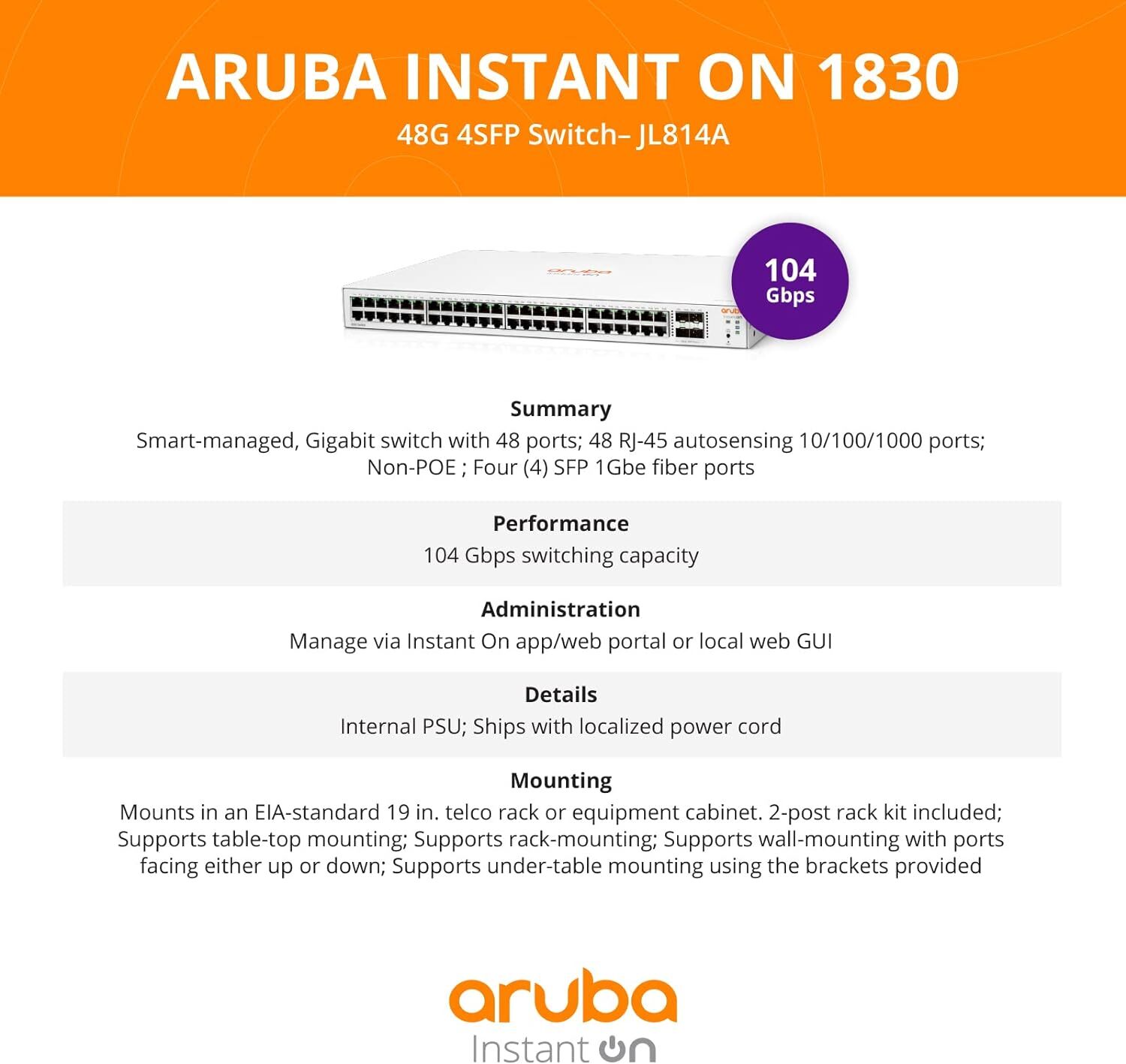Jl814a Aruba Instant On 1830 48g 4sfp Switch