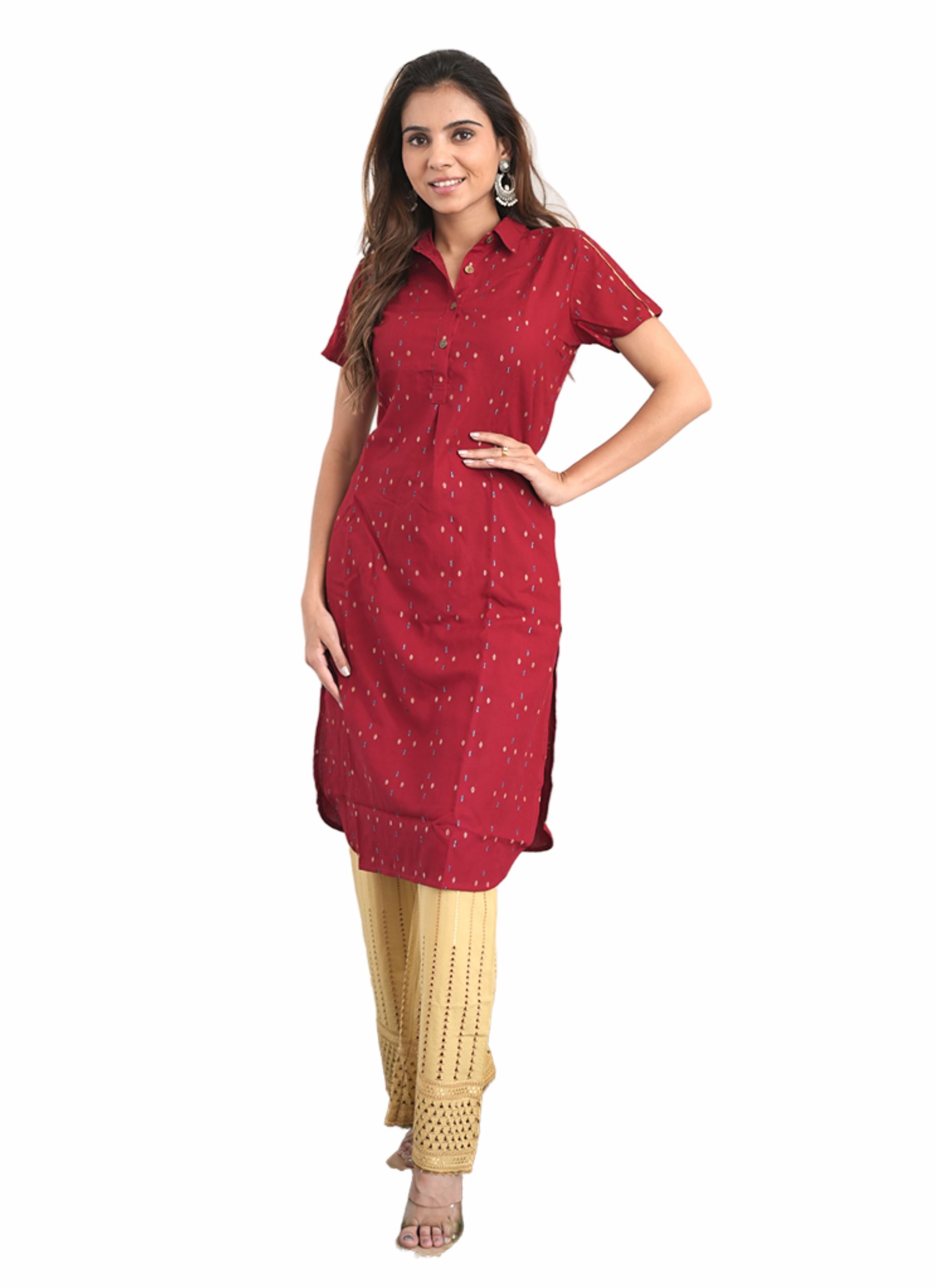 Mehroon Ronak Kurti - High-quality Fabric, Short Sleeves, Beautiful Red Color | Elegant Printed Pattern For Ladies Of All Ages