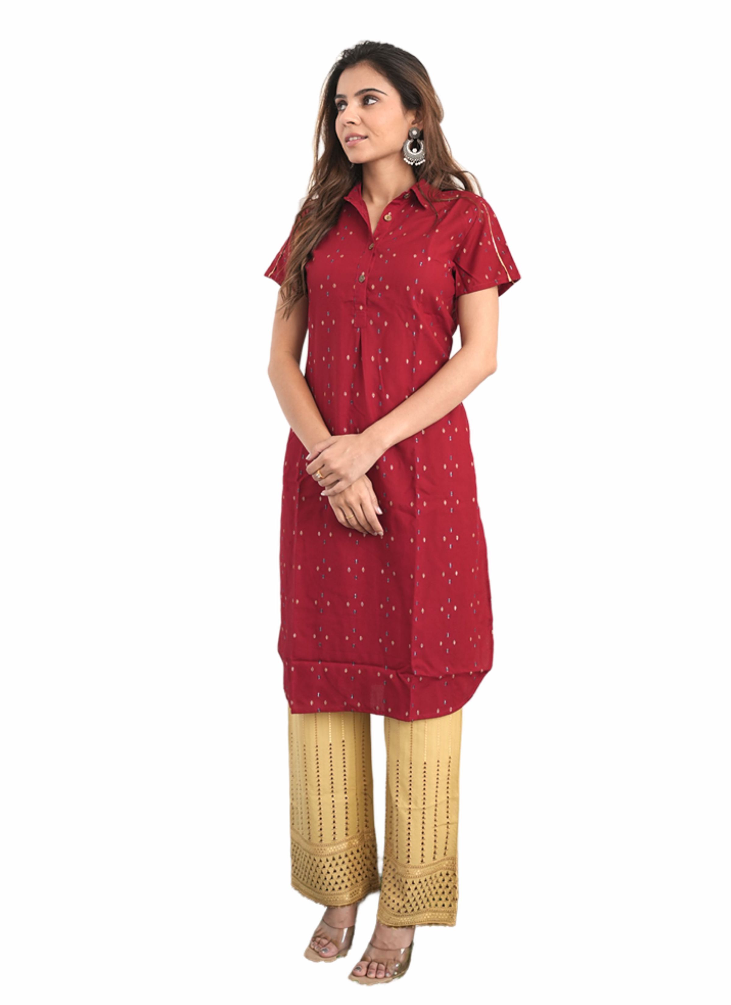 Mehroon Ronak Kurti - High-quality Fabric, Short Sleeves, Beautiful Red Color | Elegant Printed Pattern For Ladies Of All Ages