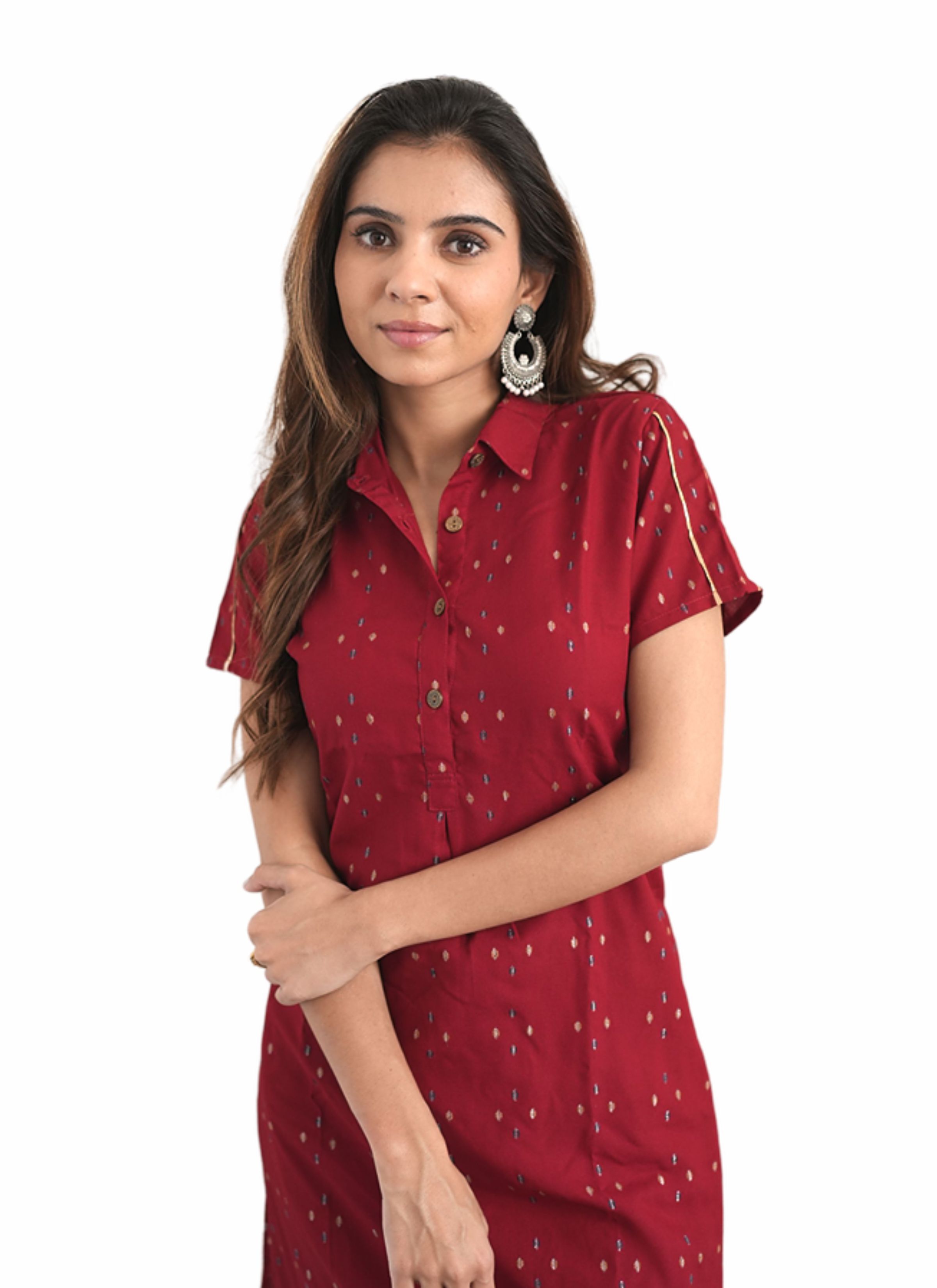 Mehroon Ronak Kurti - High-quality Fabric, Short Sleeves, Beautiful Red Color | Elegant Printed Pattern For Ladies Of All Ages