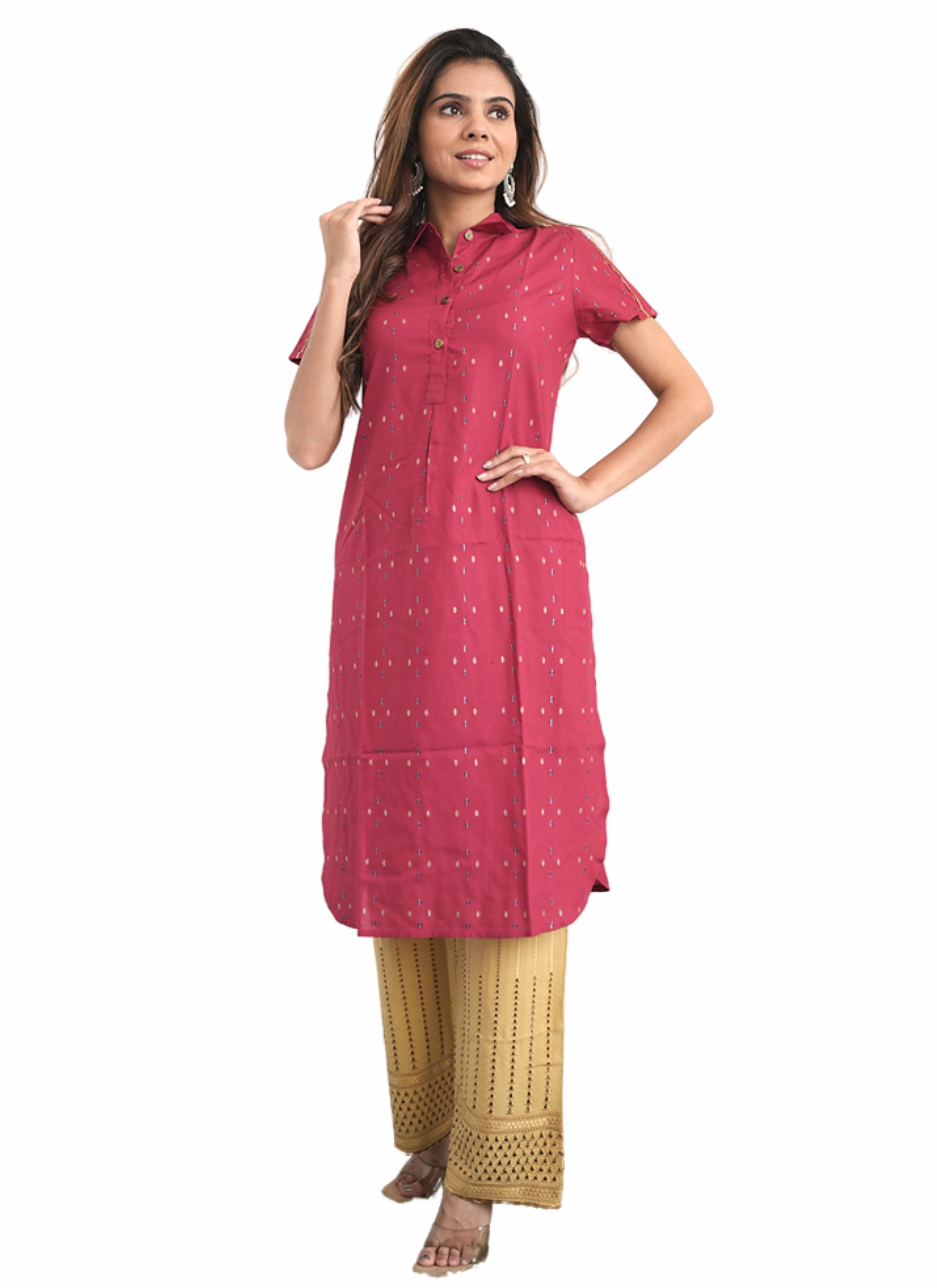 Peach Ronak Kurti - Rayon, 40 Inch Length, Color: Red, Size: S-xxl | Short Sleeves, Printed Pattern, Ethnic Style For Every Occasion