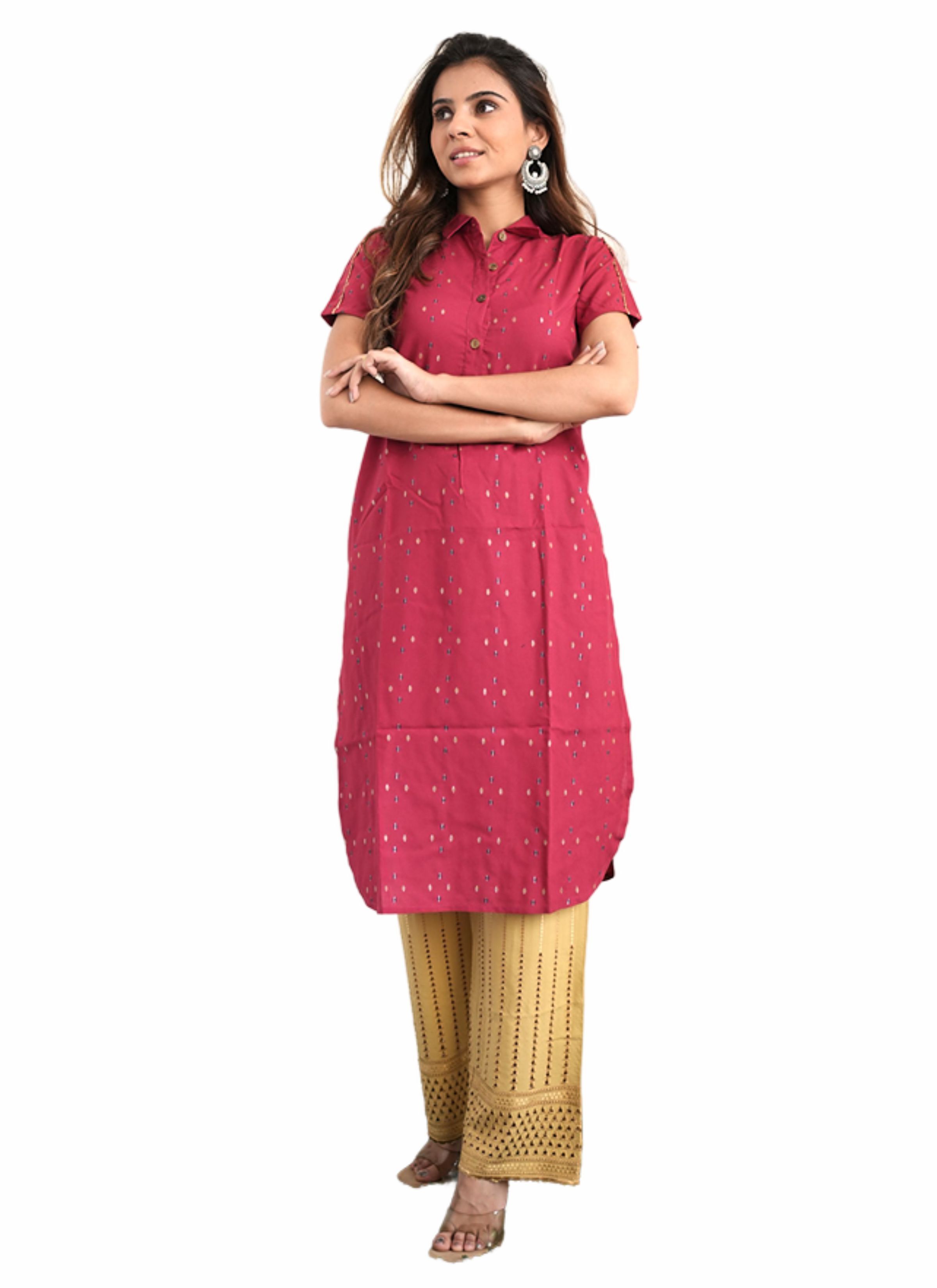 Peach Ronak Kurti - Rayon, 40 Inch Length, Color: Red, Size: S-xxl | Short Sleeves, Printed Pattern, Ethnic Style For Every Occasion