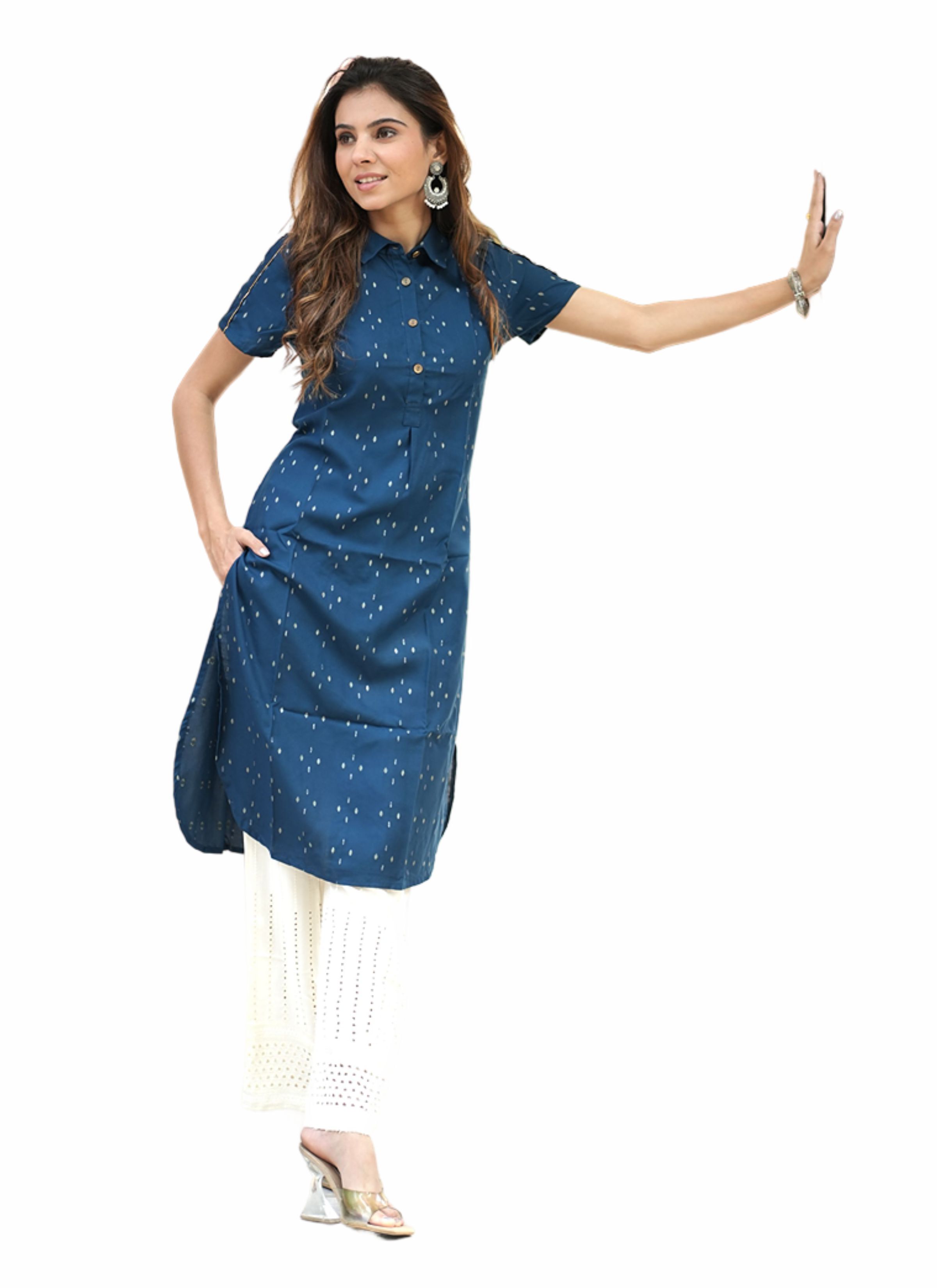 Teal Ronak Kurti - Rayon, Sizes: S-xxl, Length: 40 Inch, Color: Blue, Shoulder Size: 15 Inch, Pattern: Printed, Sleeve Style: Short, Ethnic Design