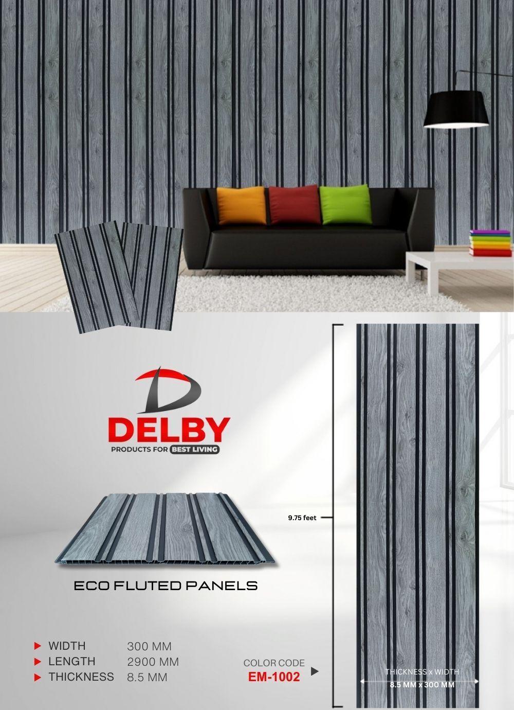Delby Eco Fluted Pvc Panels Vol. 2 - 2900x300x8.5mm | Odor-free Water-resistant 10 Vibrant Shades Heavy-duty Elegance Easy Installation