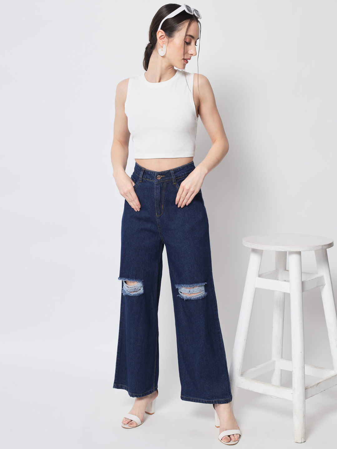 M Moddy 603hw Single Button Straight Fit Dark Blue Woman Jeans