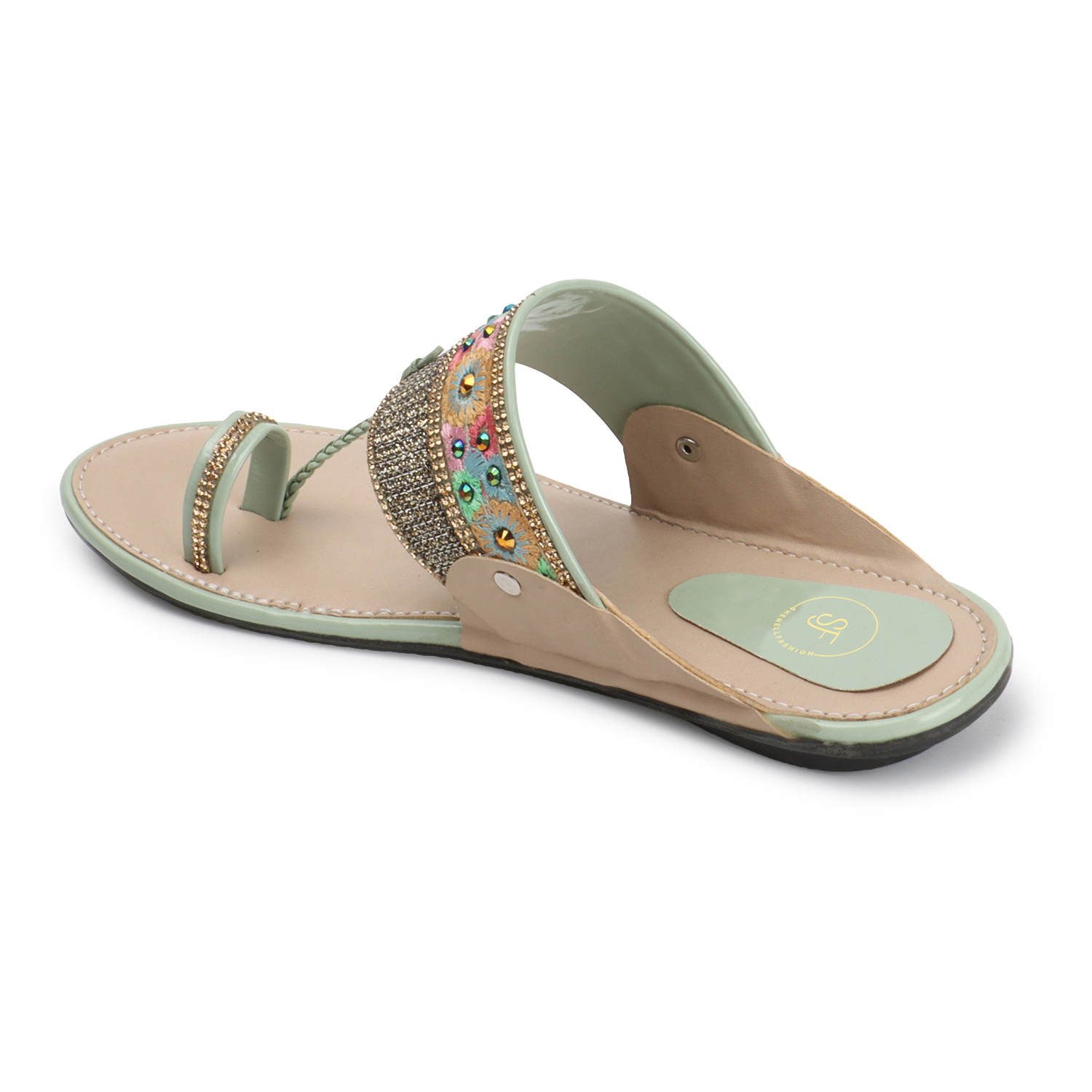 Ladies Kolhapuri Chappal - Other Material, Sizes 37-42, Sea Green | Slip-on Design, Embroidery Upper, Comfortable Toe Ring Sandals