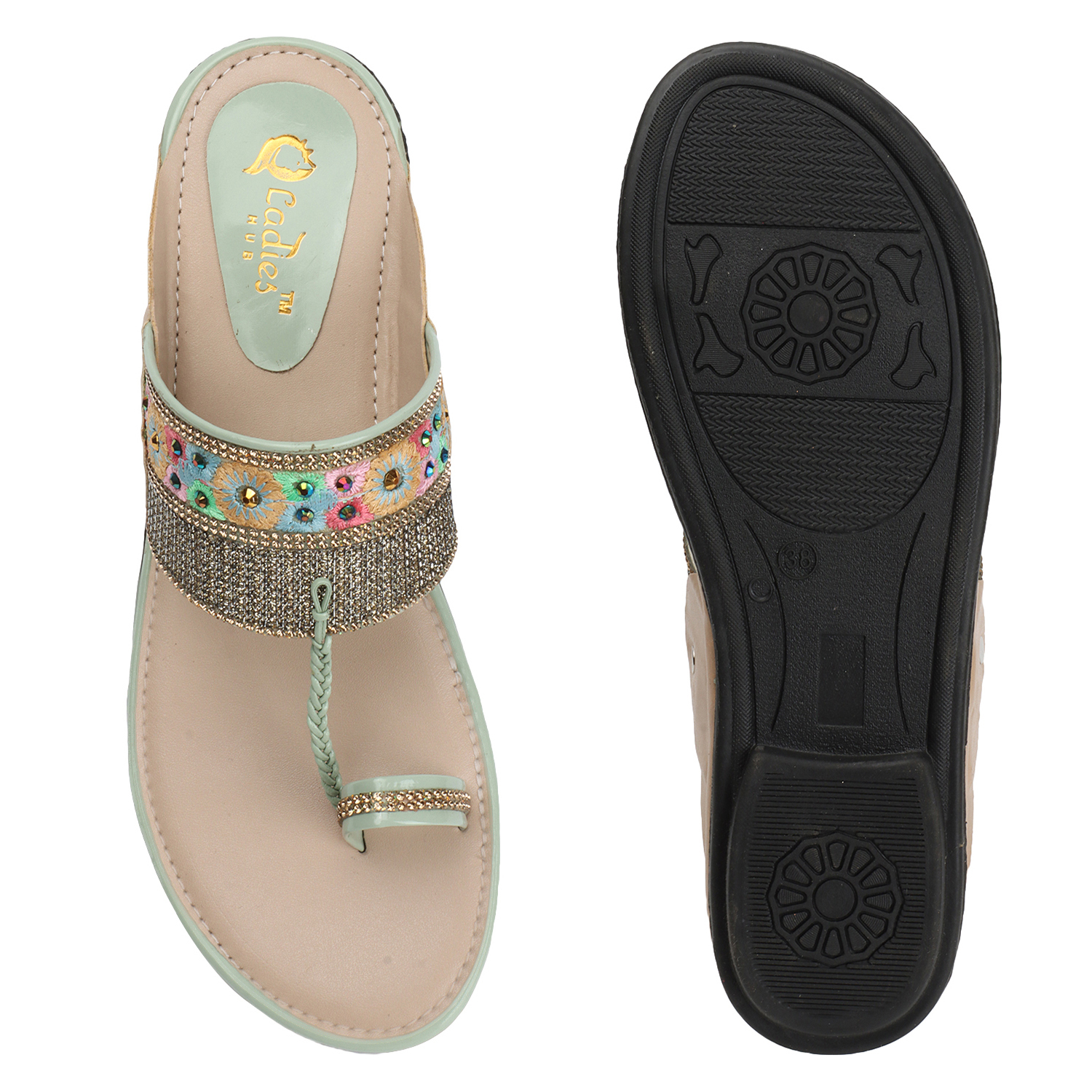 Ladies Kolhapuri Chappal - Other Material, Sizes 37-42, Sea Green | Slip-on Design, Embroidery Upper, Comfortable Toe Ring Sandals