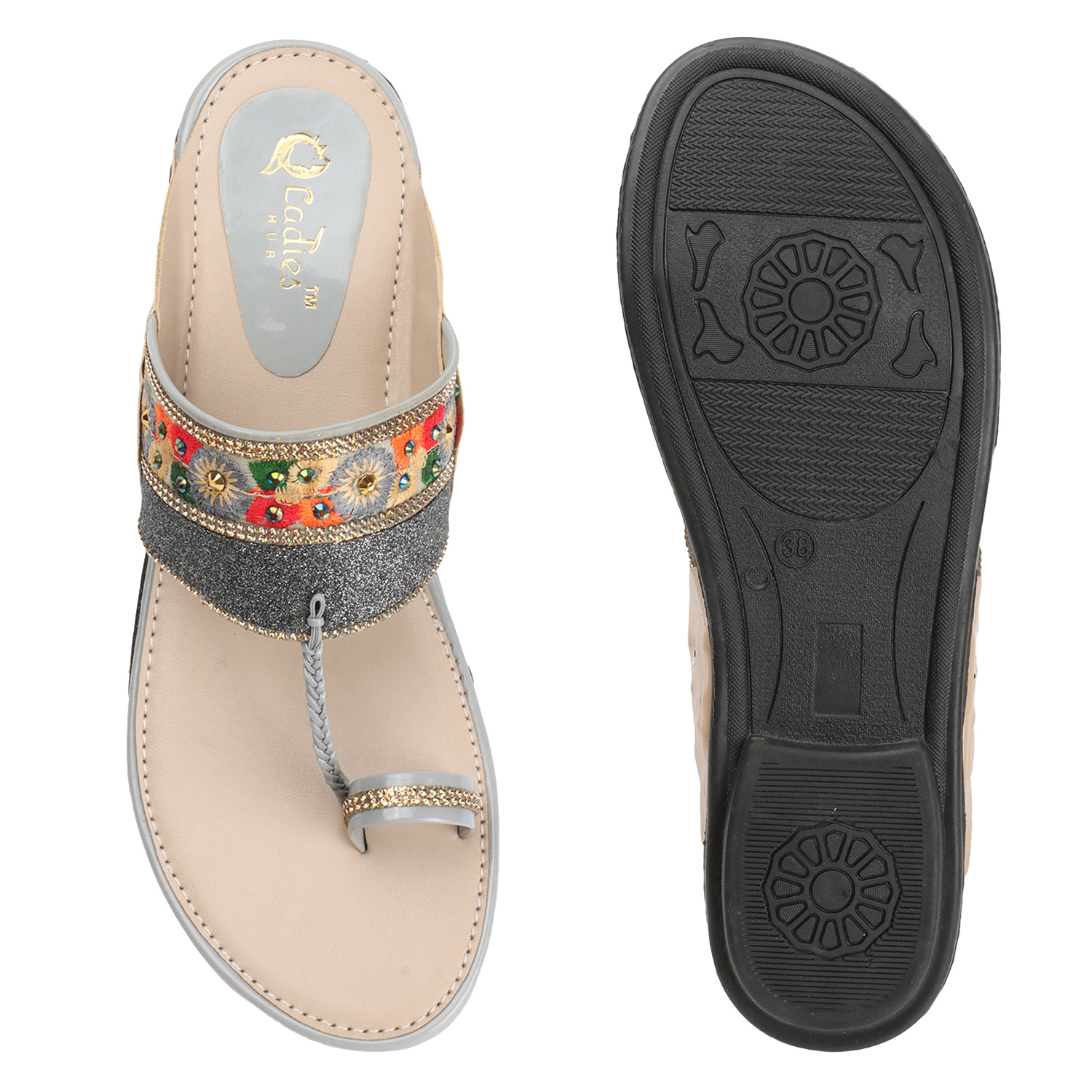 Kolhapuri Chappal - Tpr Sole, Size 37-42, Grey | Handmade Embroidery Toe Ring Design, Slip-on Style For Women And Girls