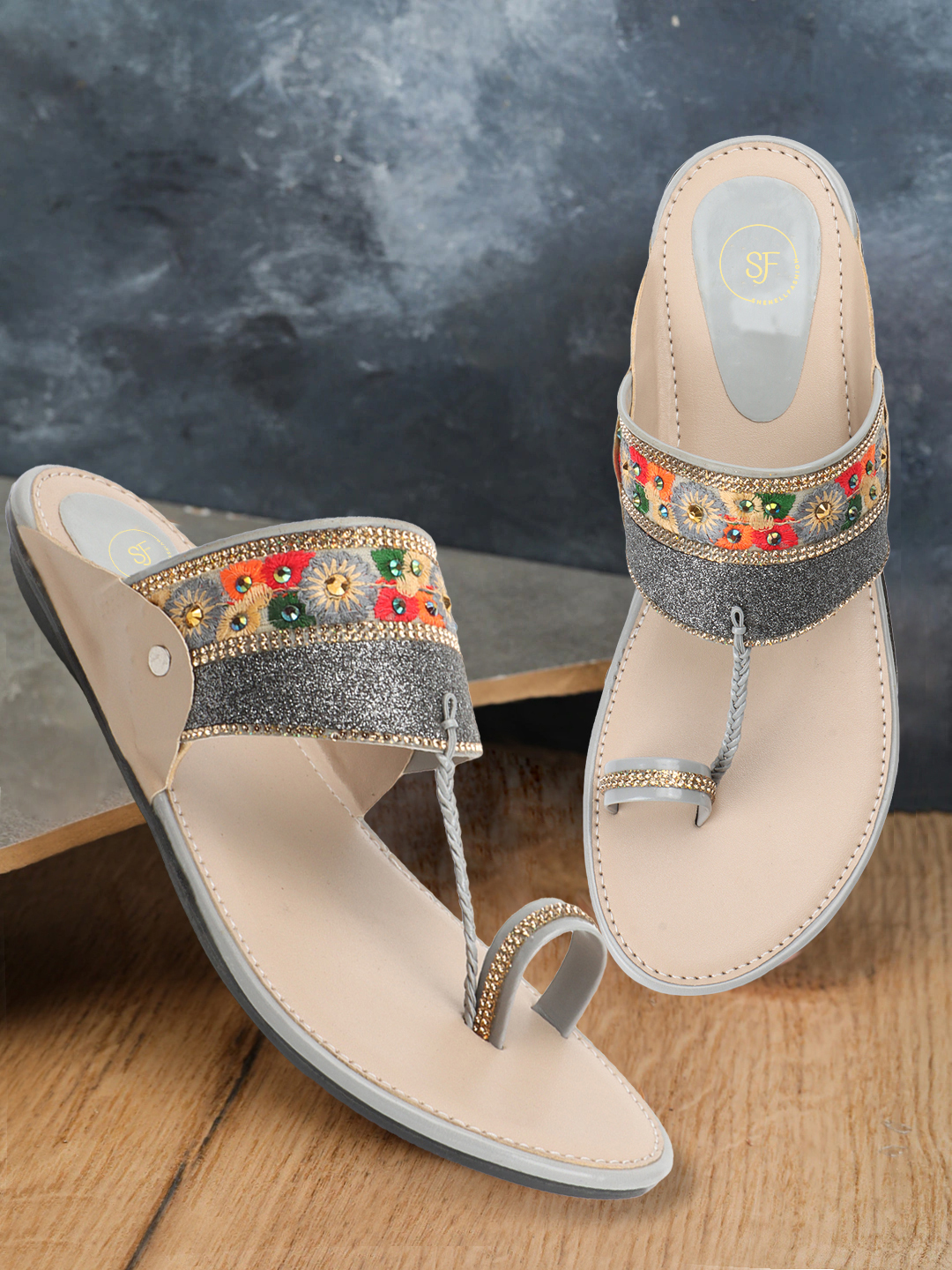 Kolhapuri Chappal - Tpr Sole, Size 37-42, Grey | Handmade Embroidery Toe Ring Design, Slip-on Style For Women And Girls