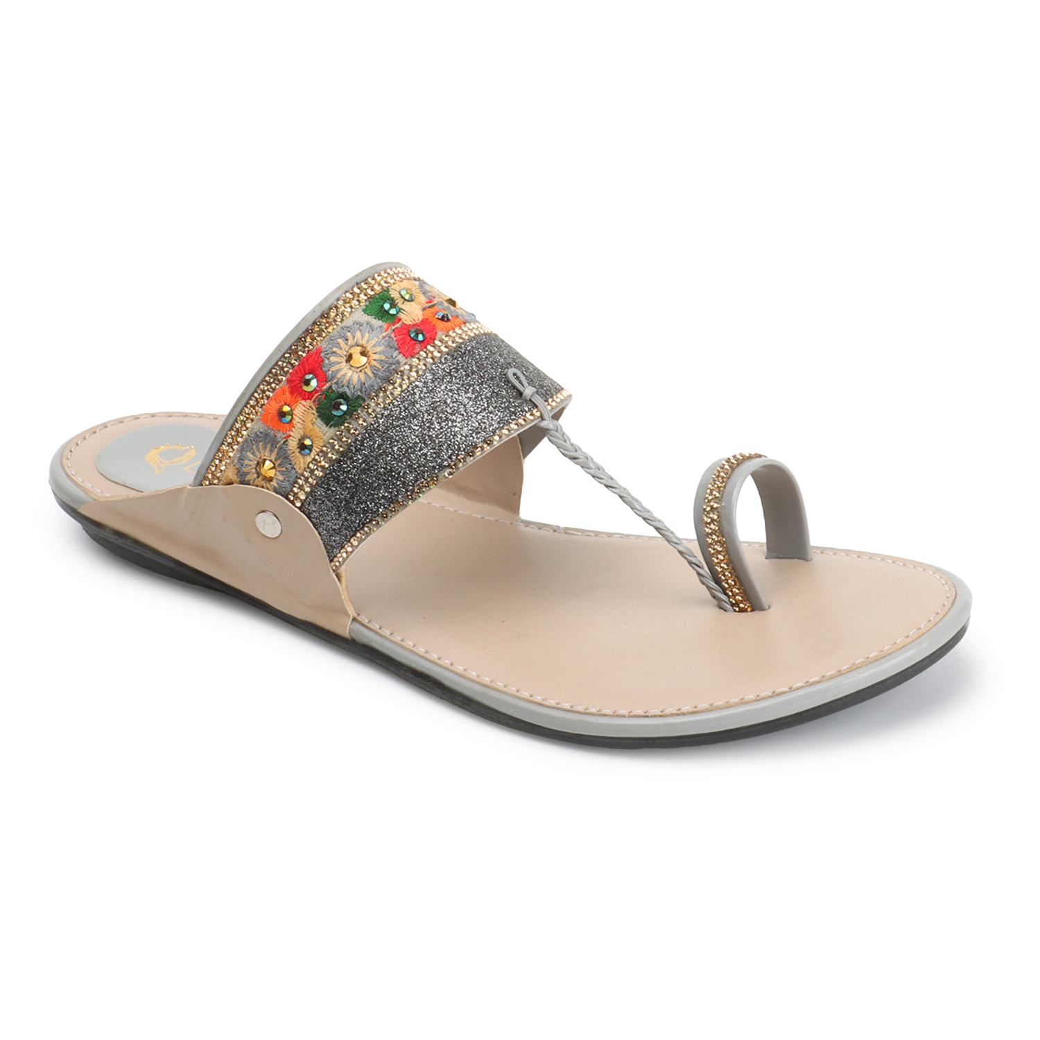 Kolhapuri Chappal - Tpr Sole, Size 37-42, Grey | Handmade Embroidery Toe Ring Design, Slip-on Style For Women And Girls