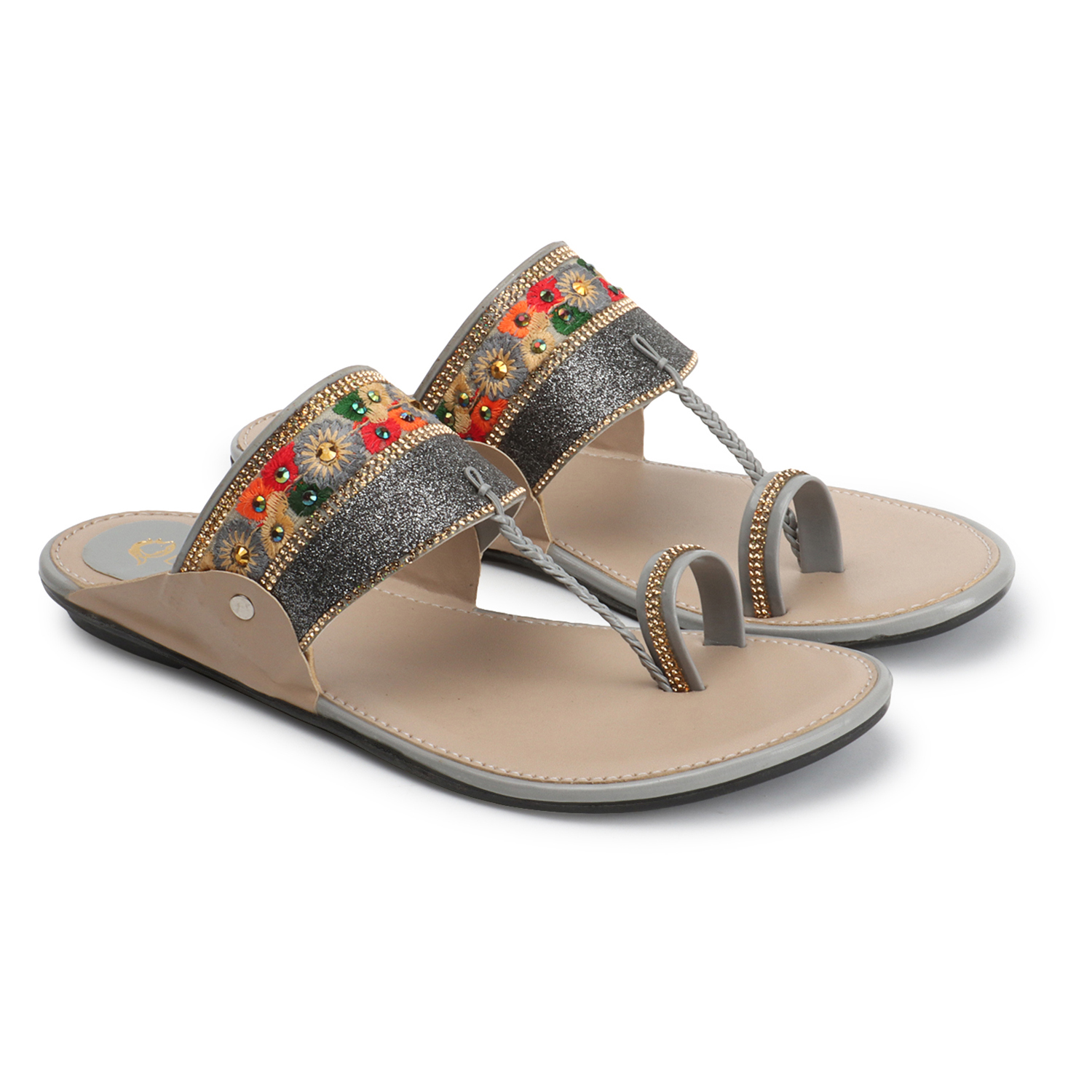 Kolhapuri Chappal - Tpr Sole, Size 37-42, Grey | Handmade Embroidery Toe Ring Design, Slip-on Style For Women And Girls