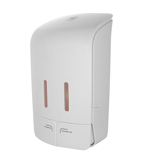 Dual Soap Dispenser - Plastic, 500 Ml Capacity , Glossy Finish, Square Shape, Modern Design In White And Grey Color Coated