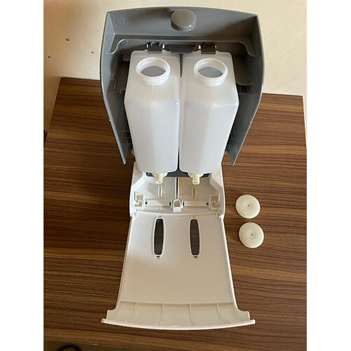Dual Soap Dispenser - Plastic, 500 Ml Capacity , Glossy Finish, Square Shape, Modern Design In White And Grey Color Coated