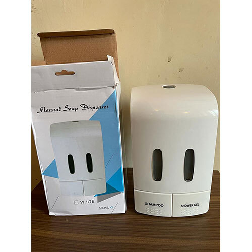 Dual Soap Dispenser - Plastic, 500 Ml Capacity , Glossy Finish, Square Shape, Modern Design In White And Grey Color Coated