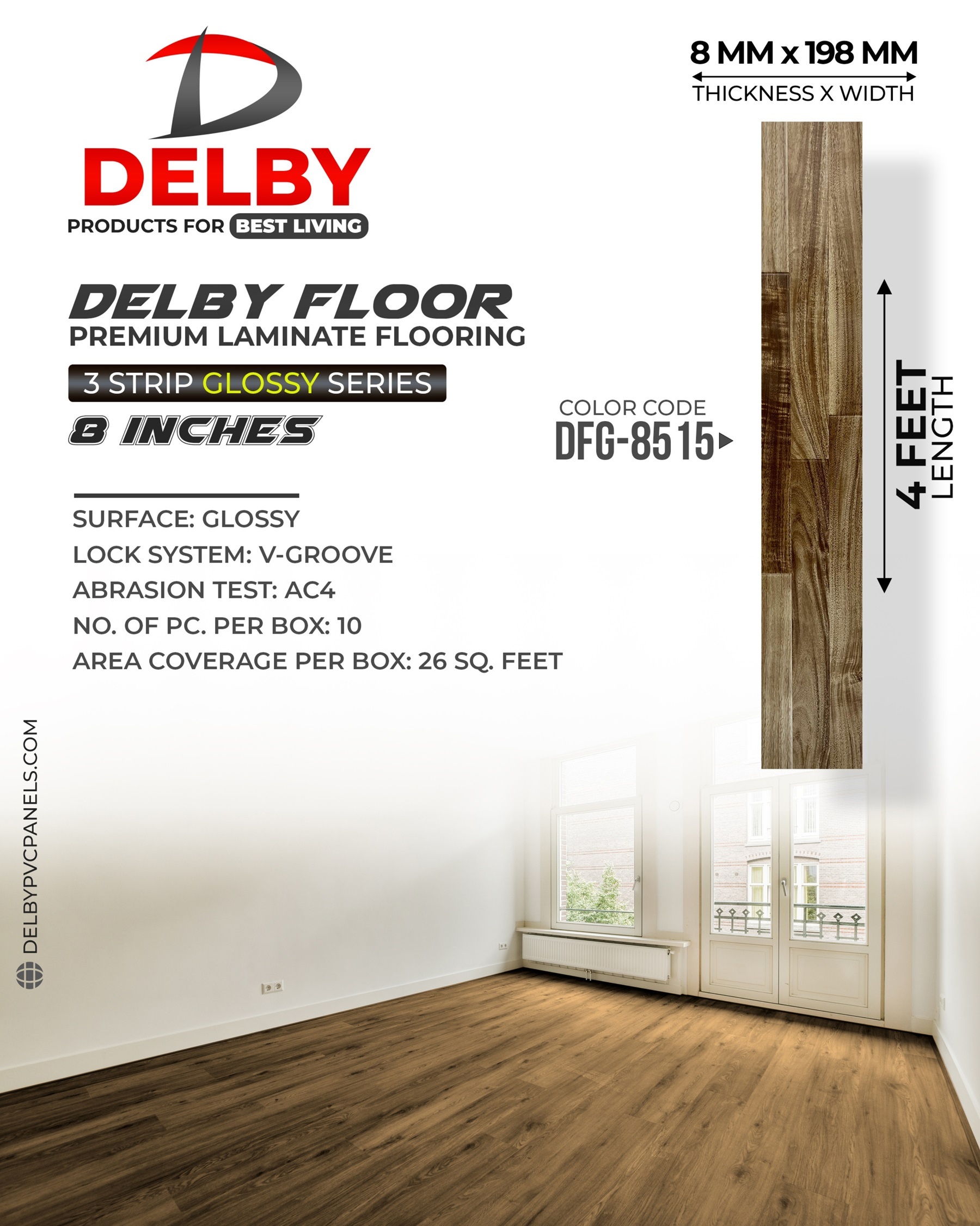 Delby Floor 3-strip Glossy Wooden Flooring - 8-inch Planks | V-groove Locking System, Timeless Elegance & Seamless Installation